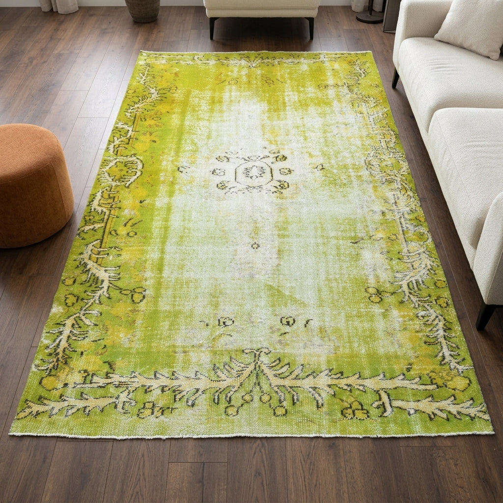 Abstract pattern on the Glaucodike Pistachio distressed vintage area rug – handmade in Anatolia, Turkey