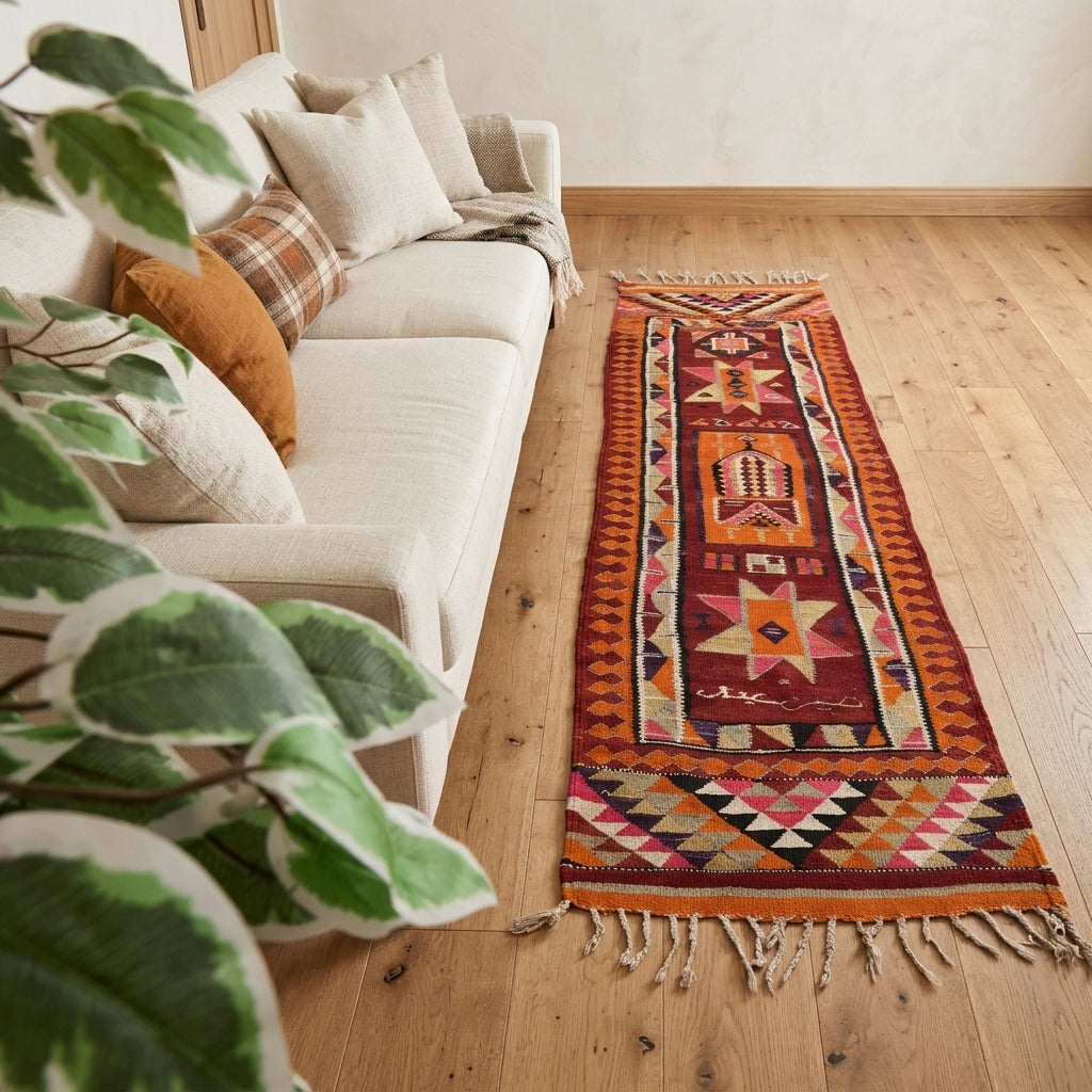 Ikat pattern on the Vediagul vintage kilim runner rug – handwoven flatweave in Anatolia, Turkey