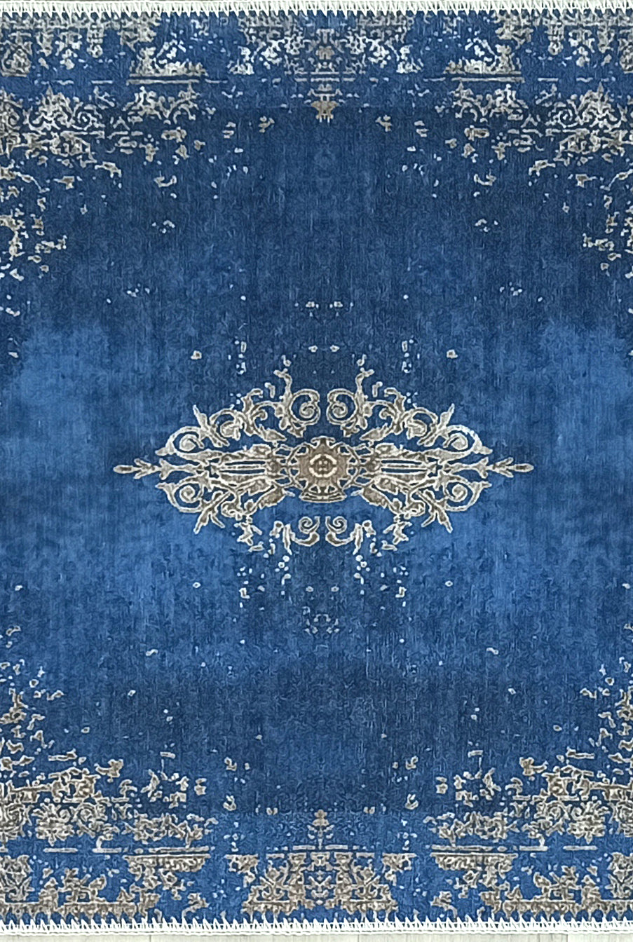 Turkish Light Blue Navy Blue Vintage Rug