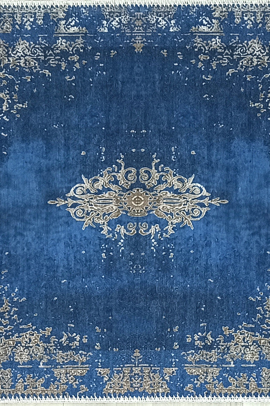 Turkish Light Blue Navy Blue Vintage Rug