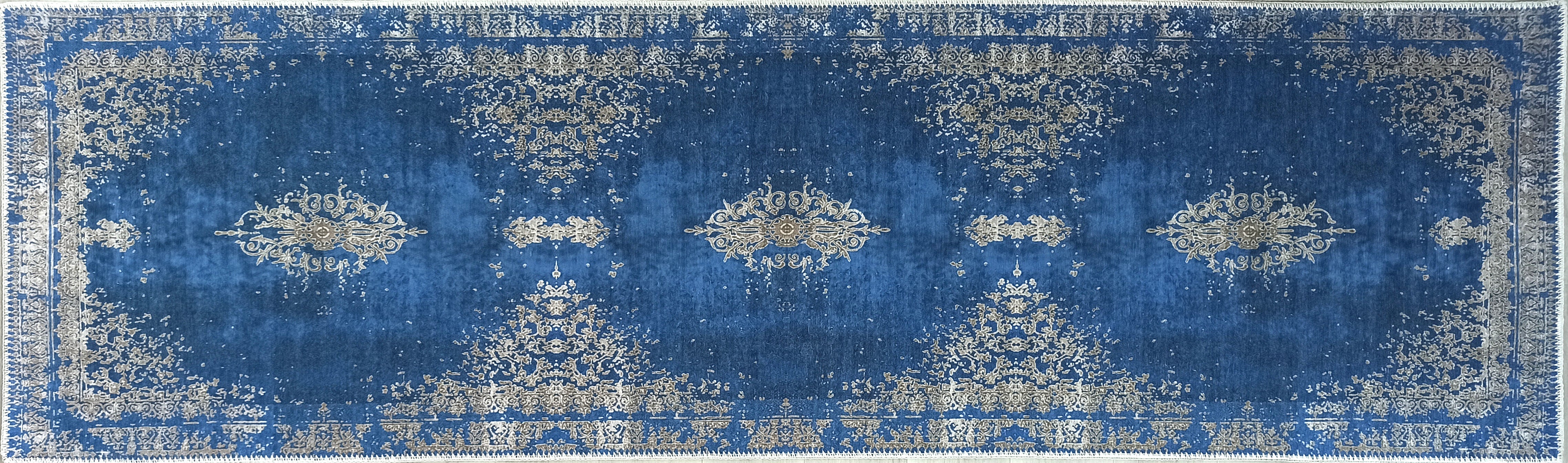 Turkish Light Blue Navy Blue Vintage Rug