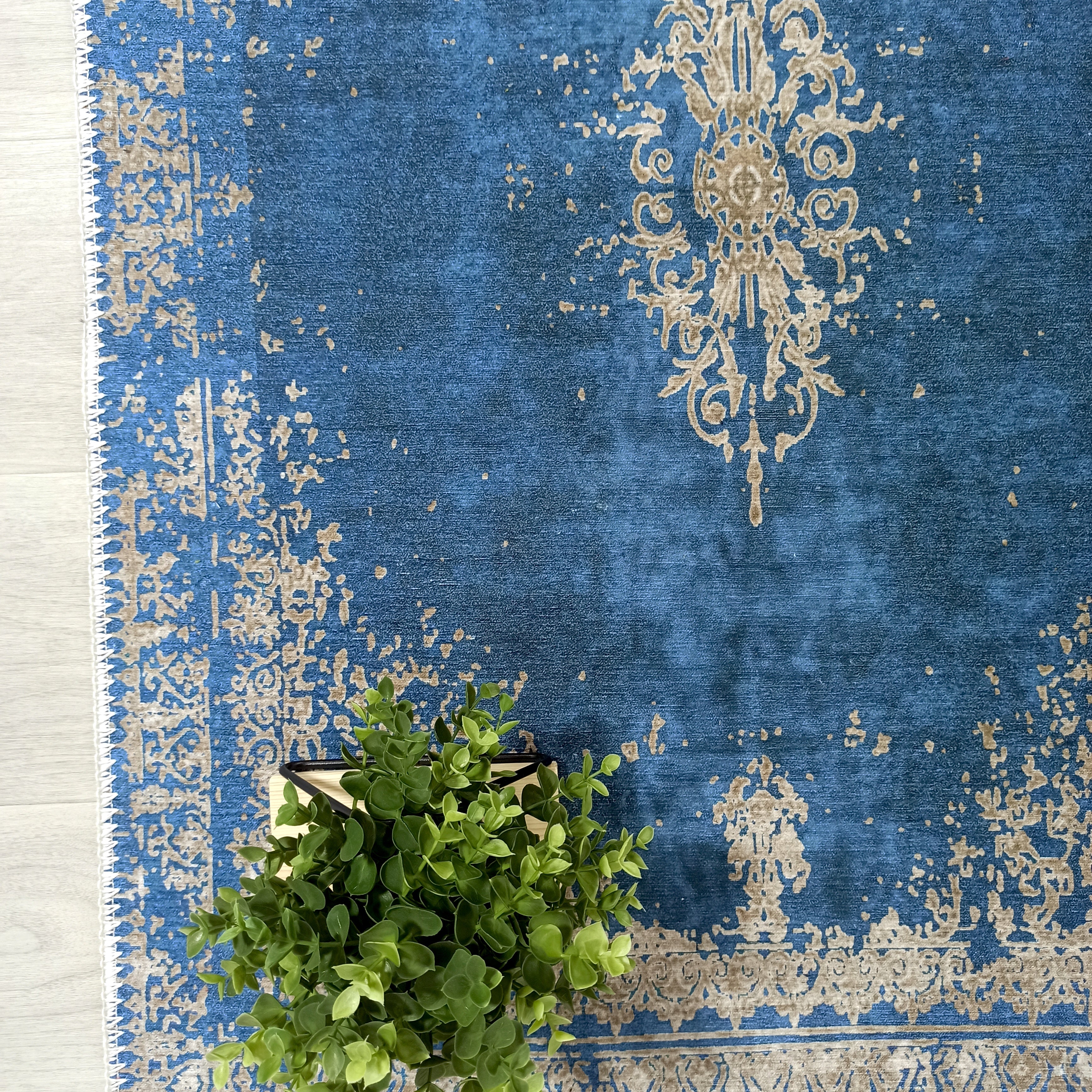 Turkish Light Blue Navy Blue Vintage Rug