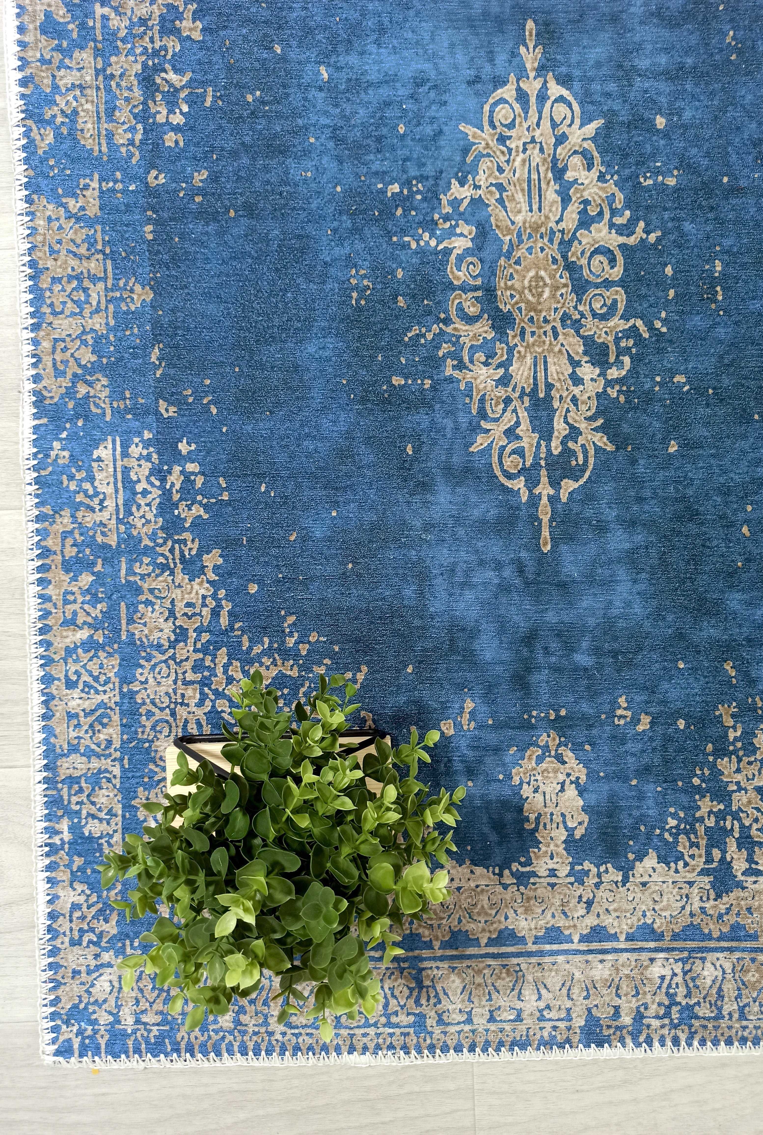 Turkish Light Blue Navy Blue Vintage Rug