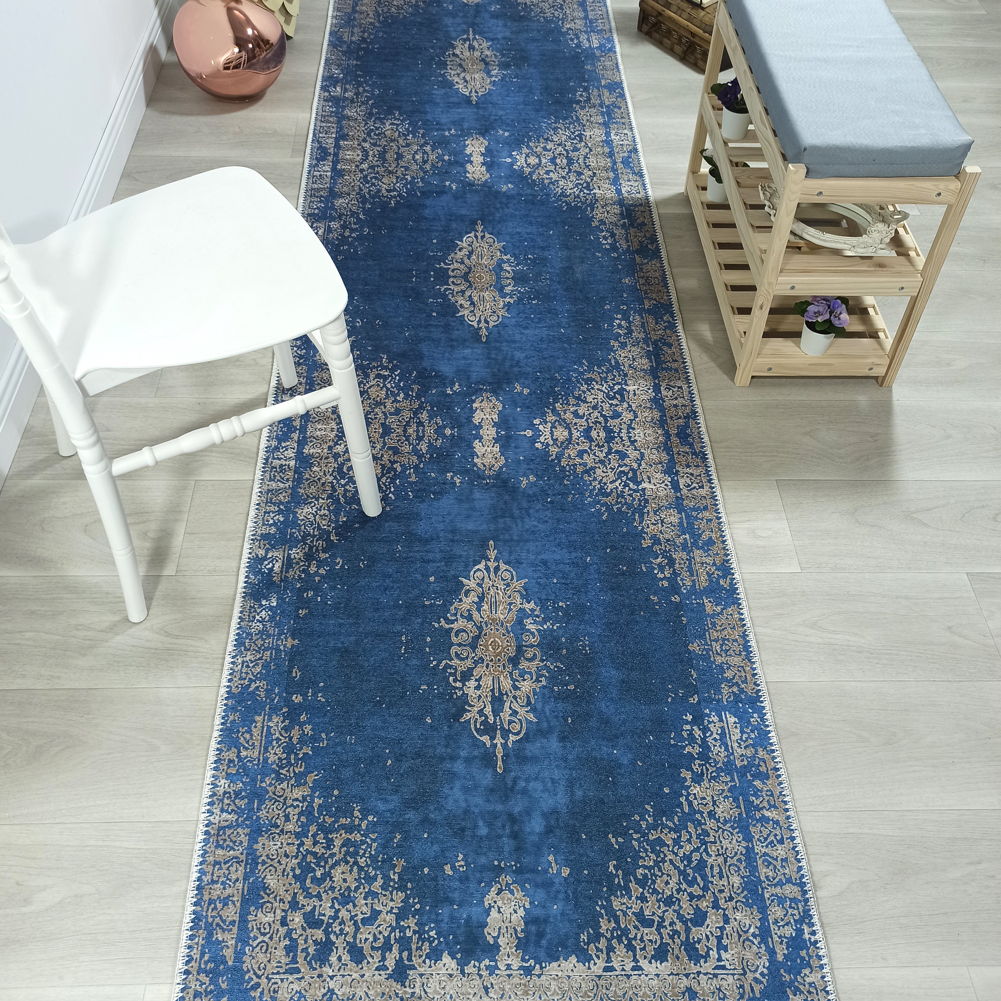 Turkish Light Blue Navy Blue Vintage Rug