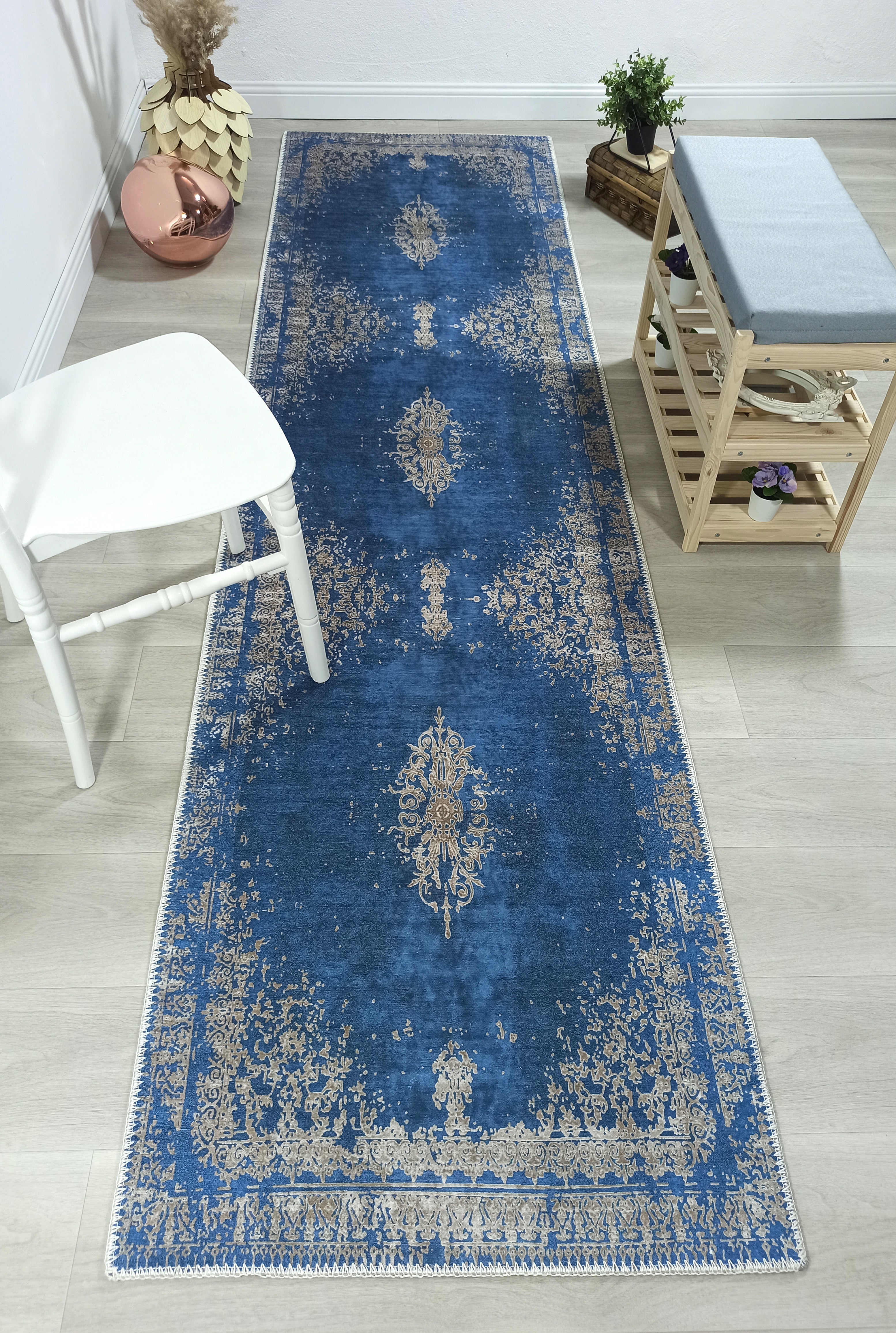 Turkish Light Blue Navy Blue Vintage Rug