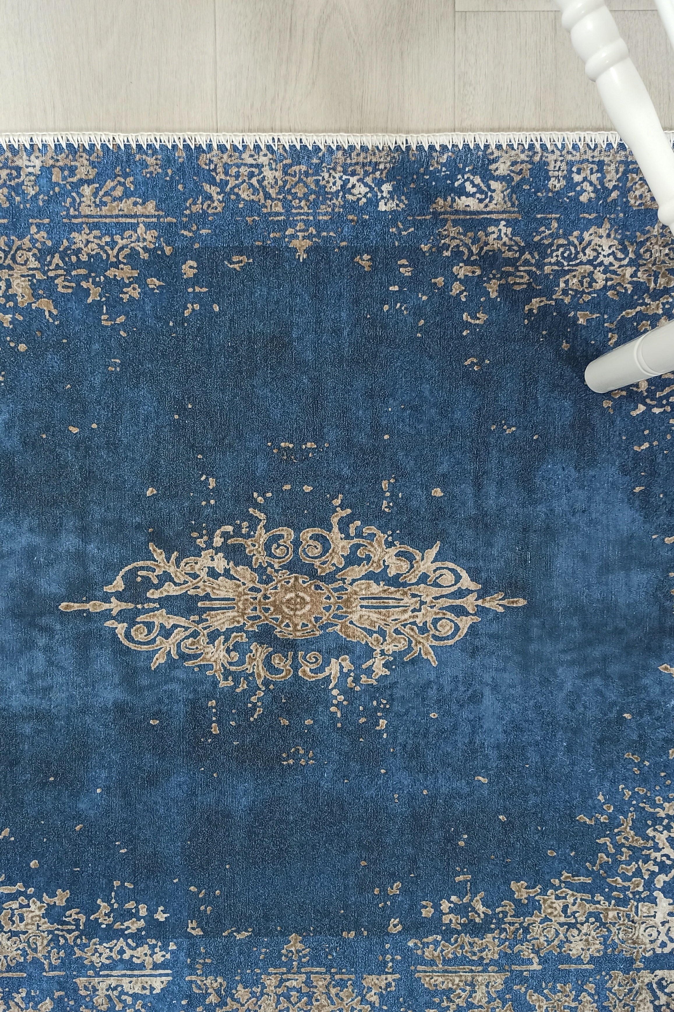 Turkish Light Blue Navy Blue Vintage Rug