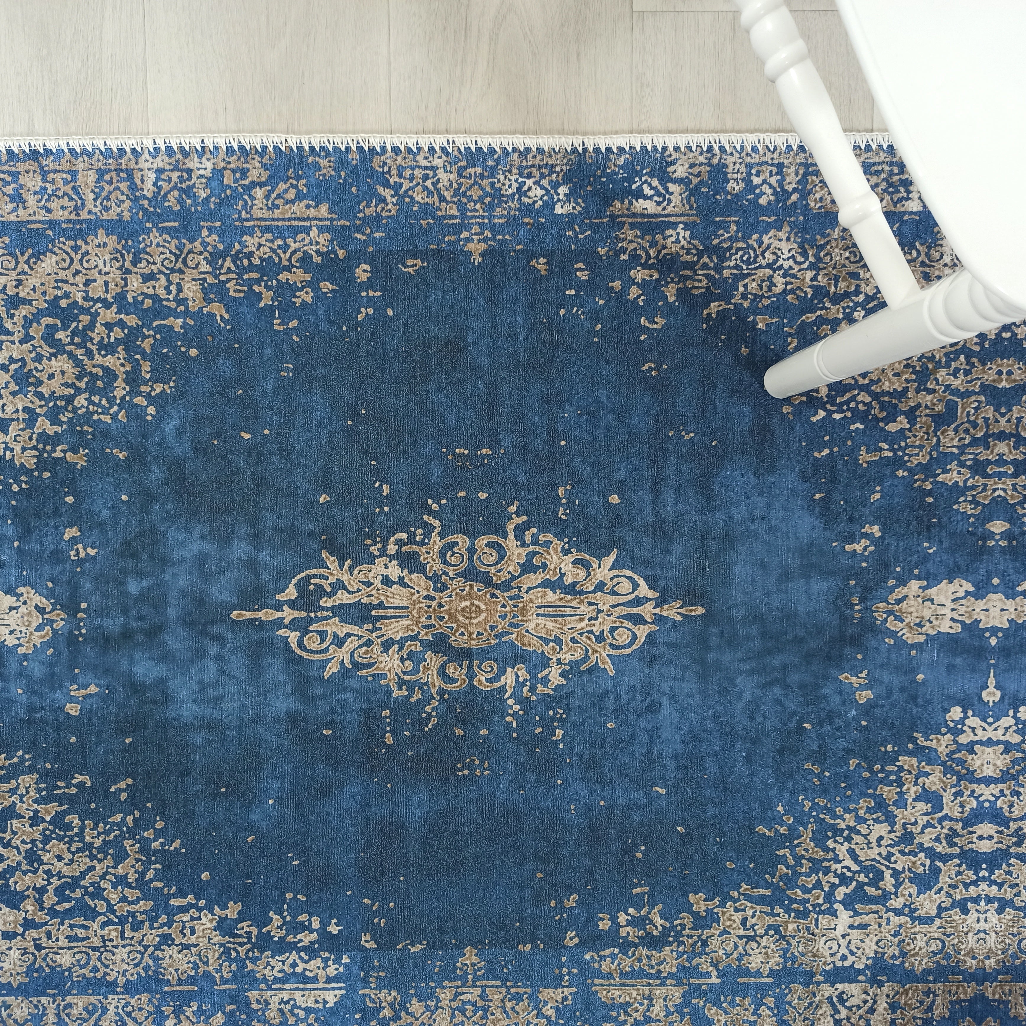 Turkish Light Blue Navy Blue Vintage Rug