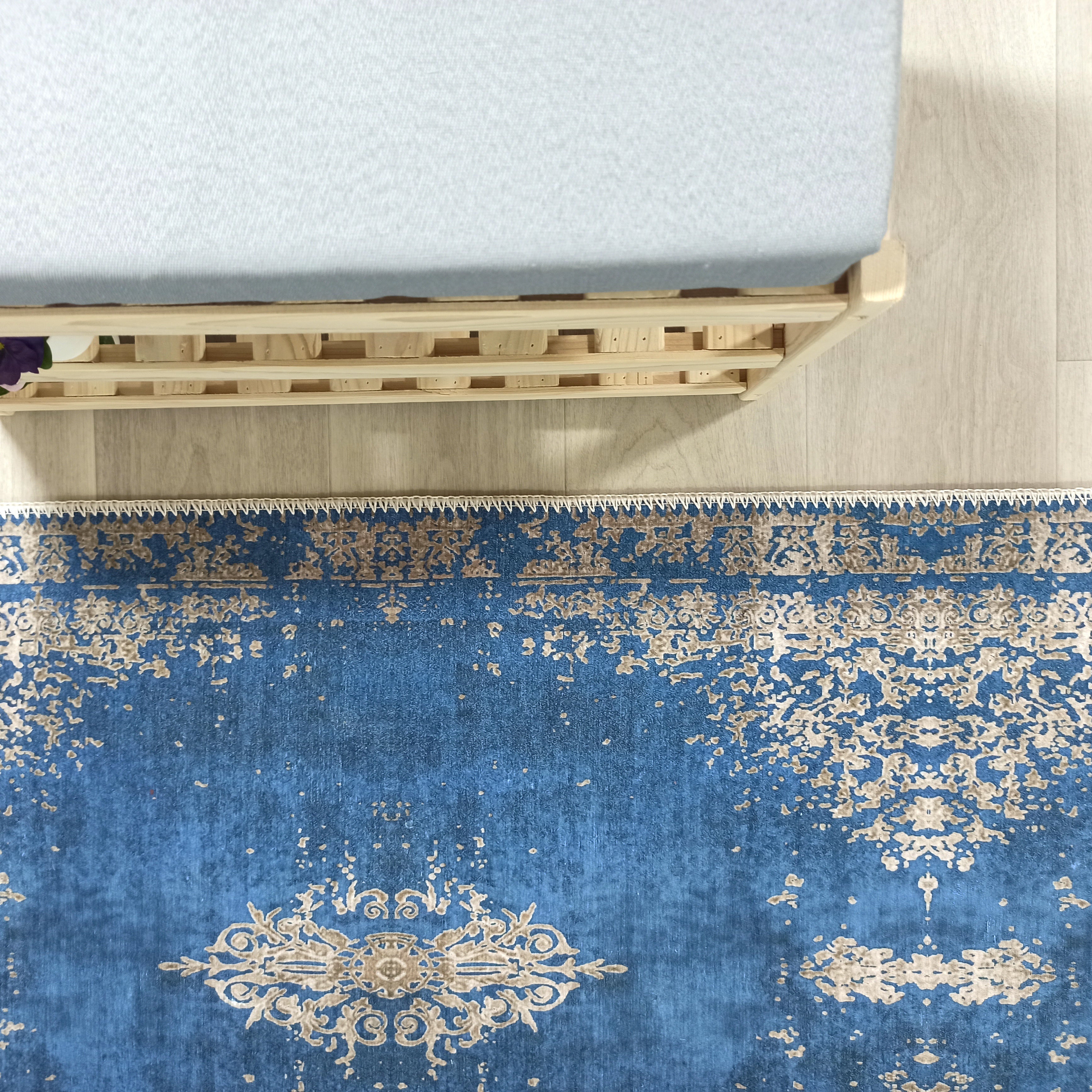 Turkish Light Blue Navy Blue Vintage Rug