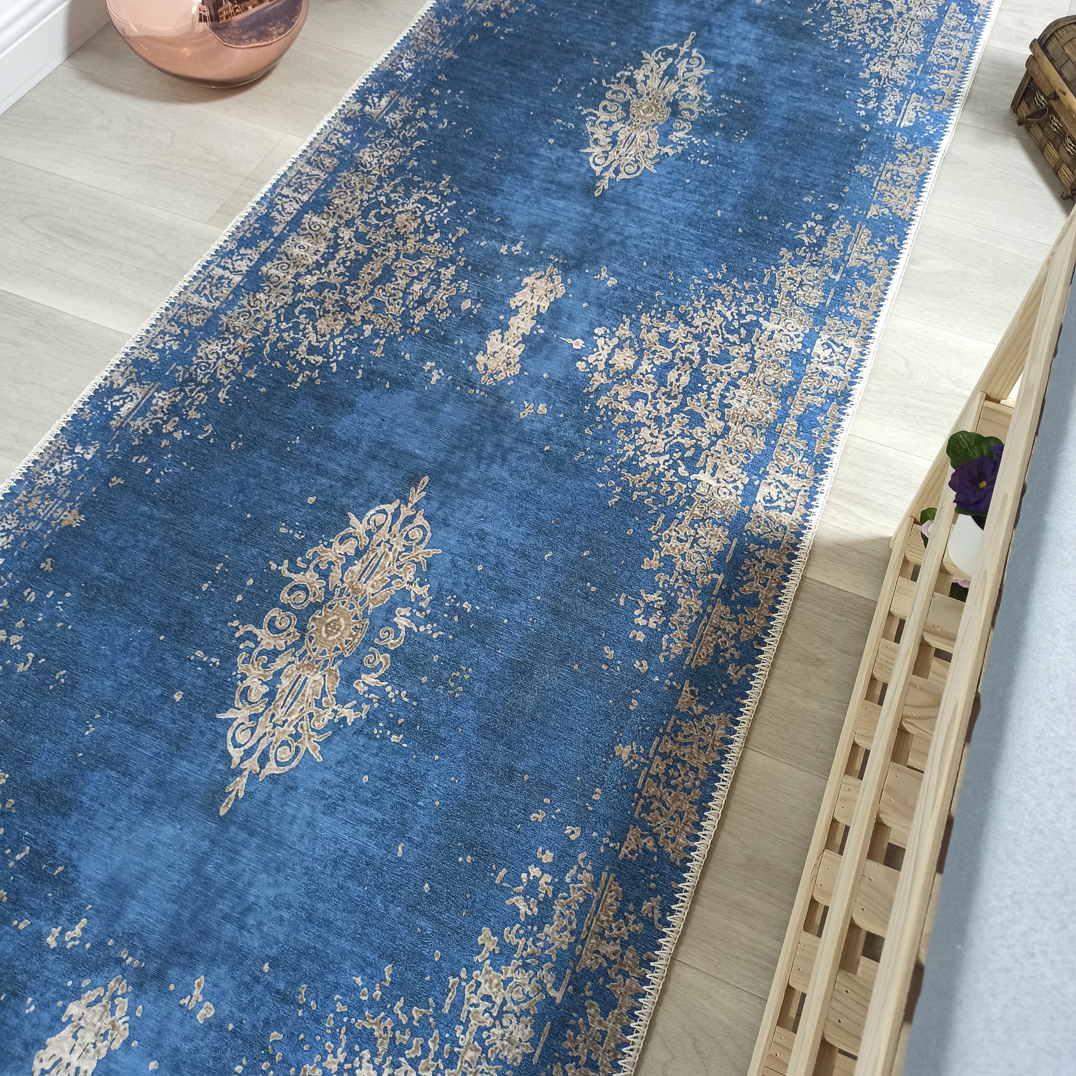 Turkish Light Blue Navy Blue Vintage Rug
