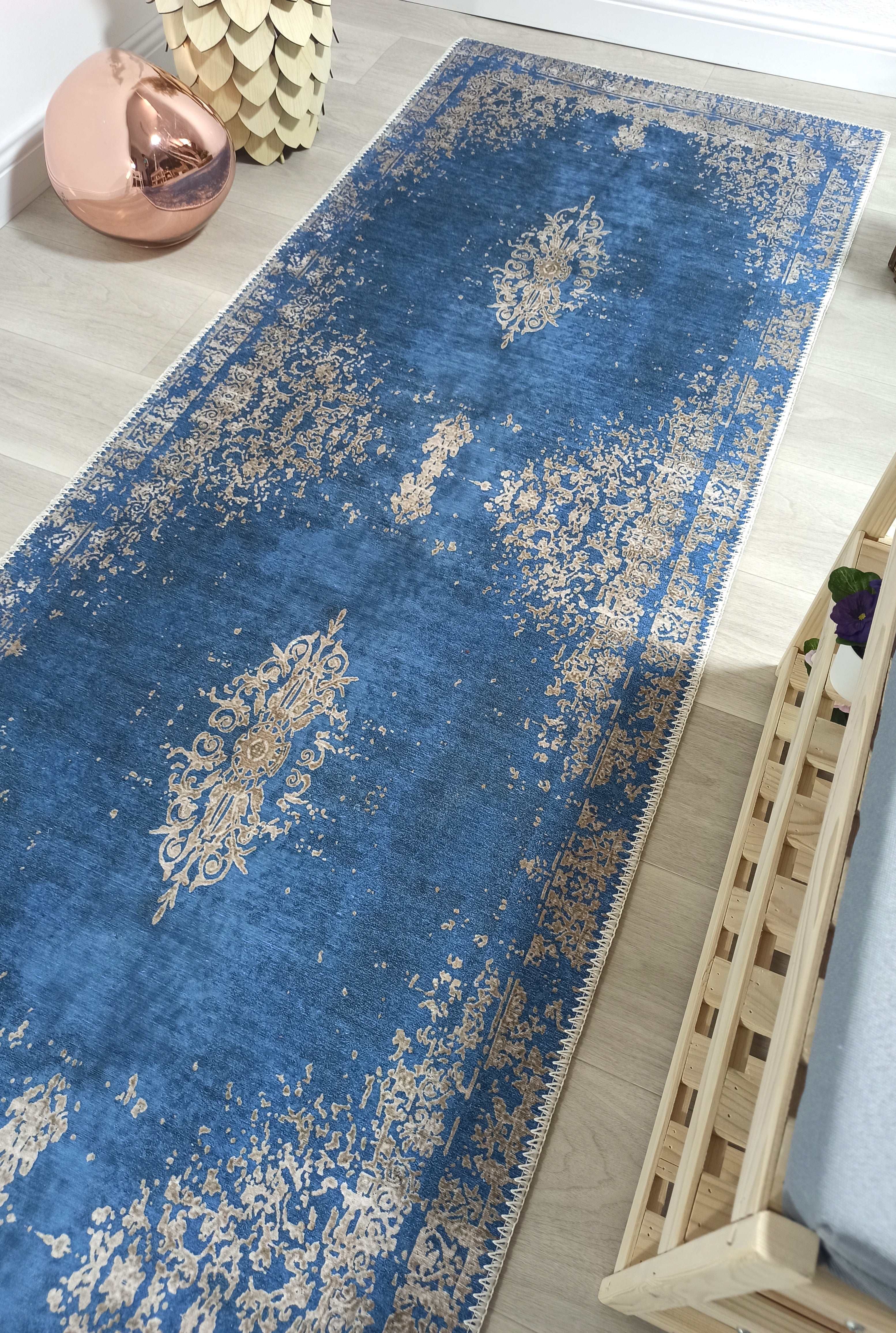 Turkish Light Blue Navy Blue Vintage Rug