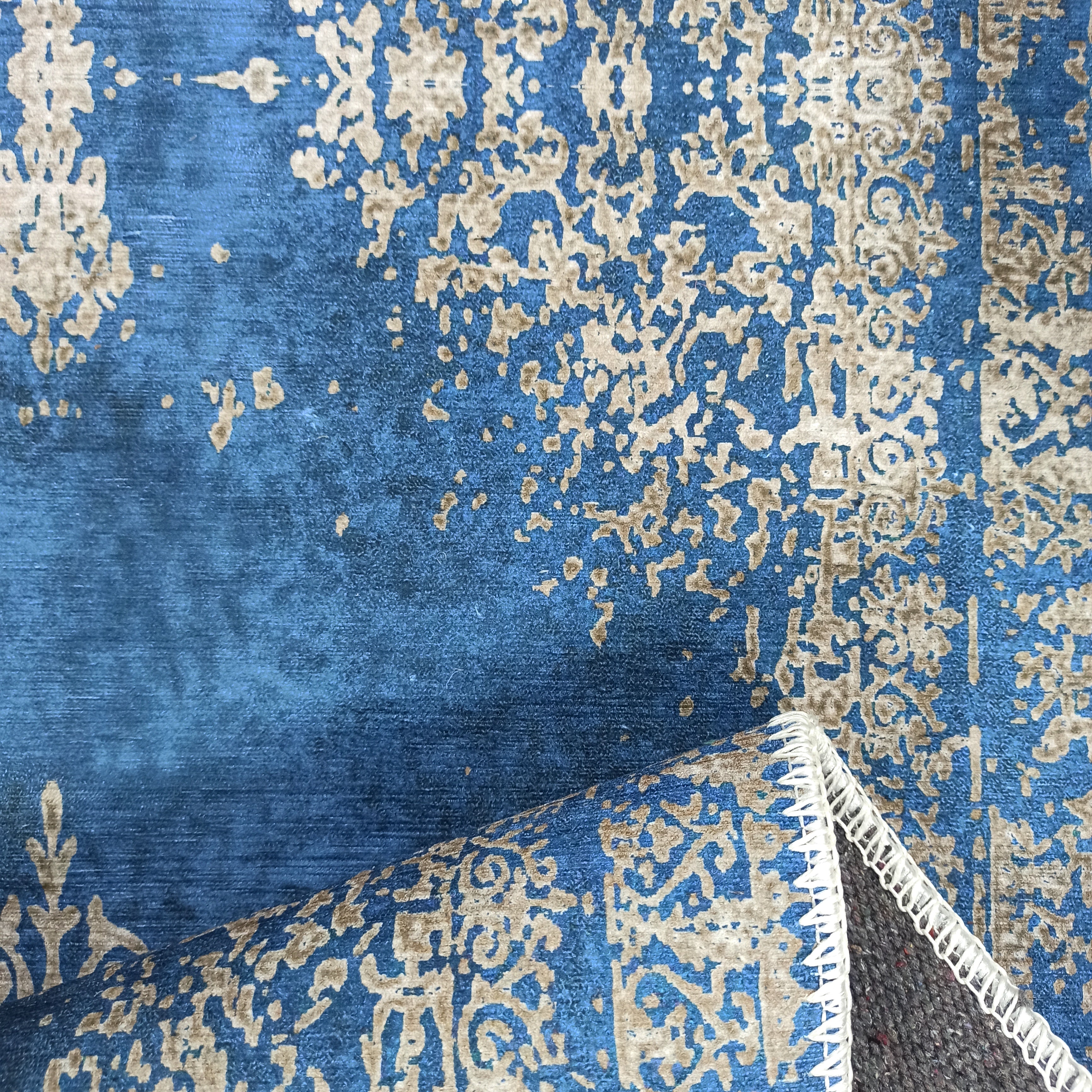 Turkish Light Blue Navy Blue Vintage Rug