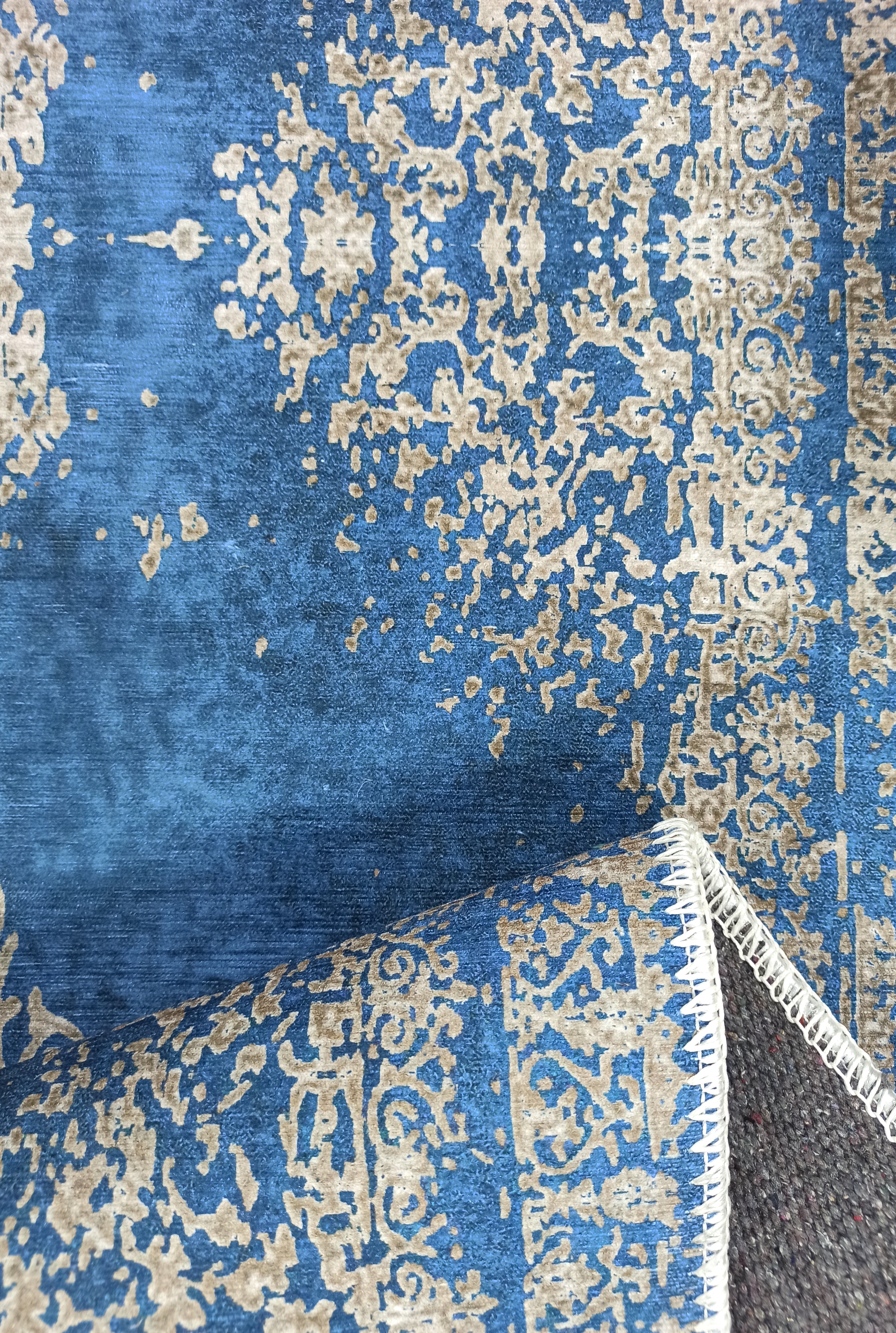 Turkish Light Blue Navy Blue Vintage Rug