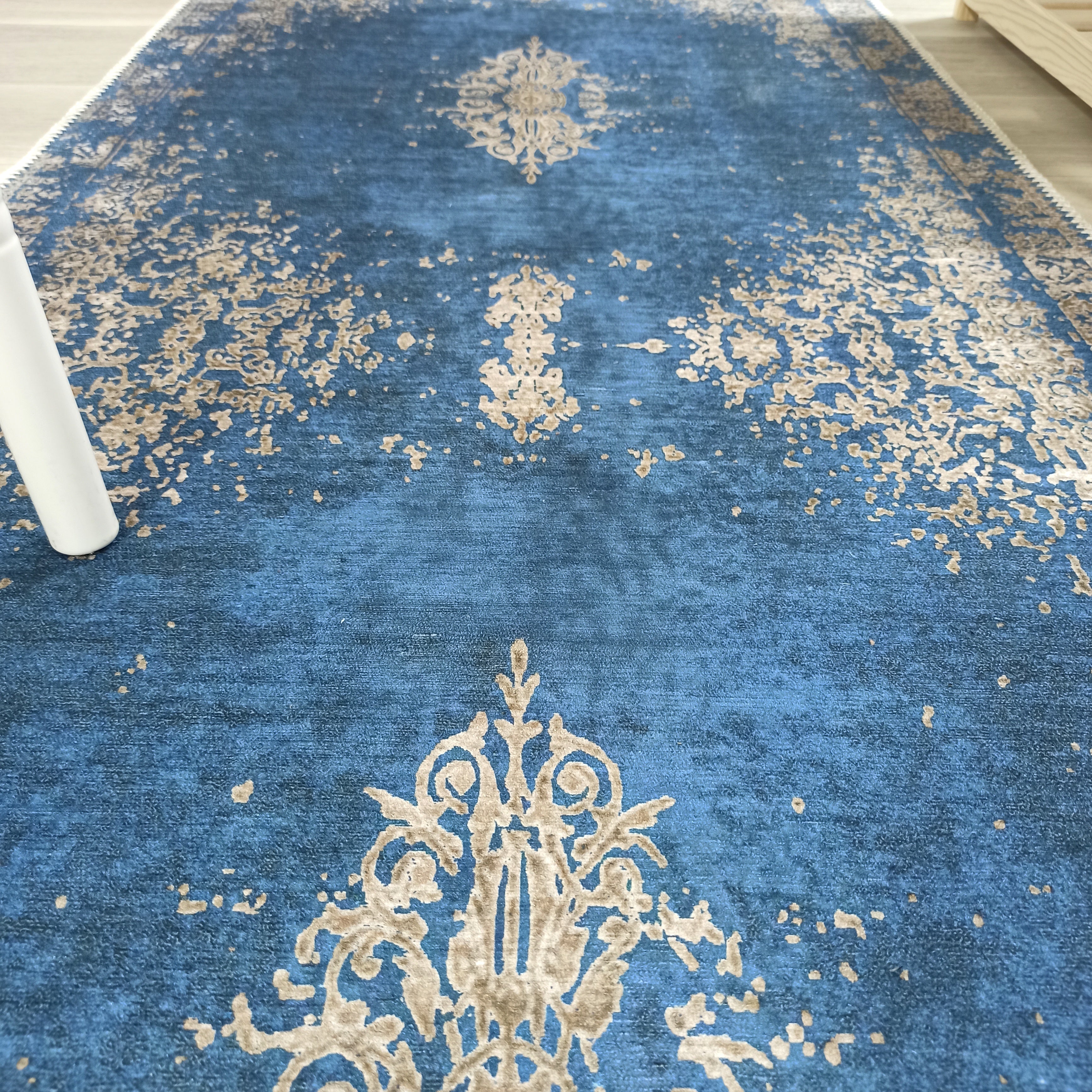 Turkish Light Blue Navy Blue Vintage Rug