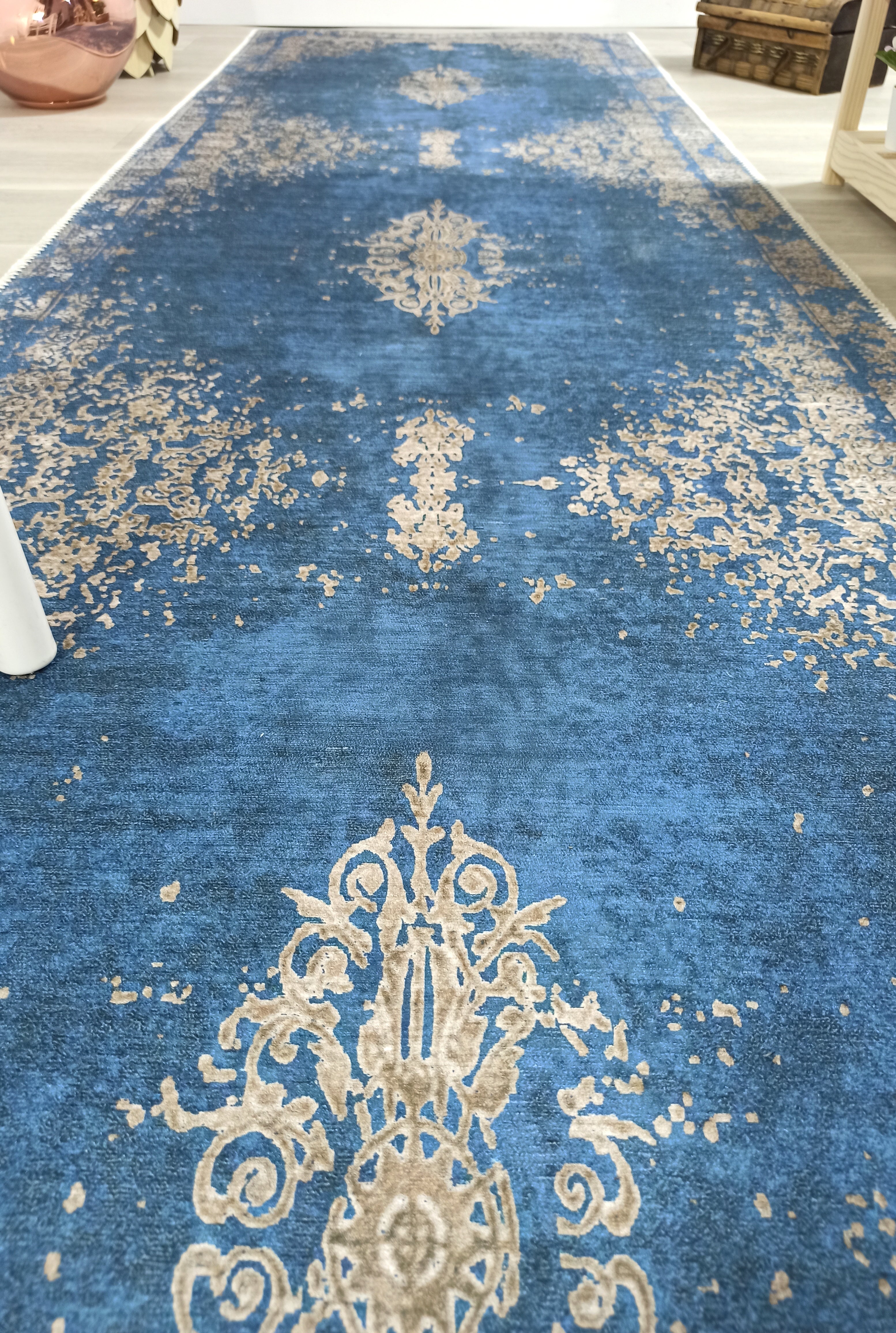 Turkish Light Blue Navy Blue Vintage Rug
