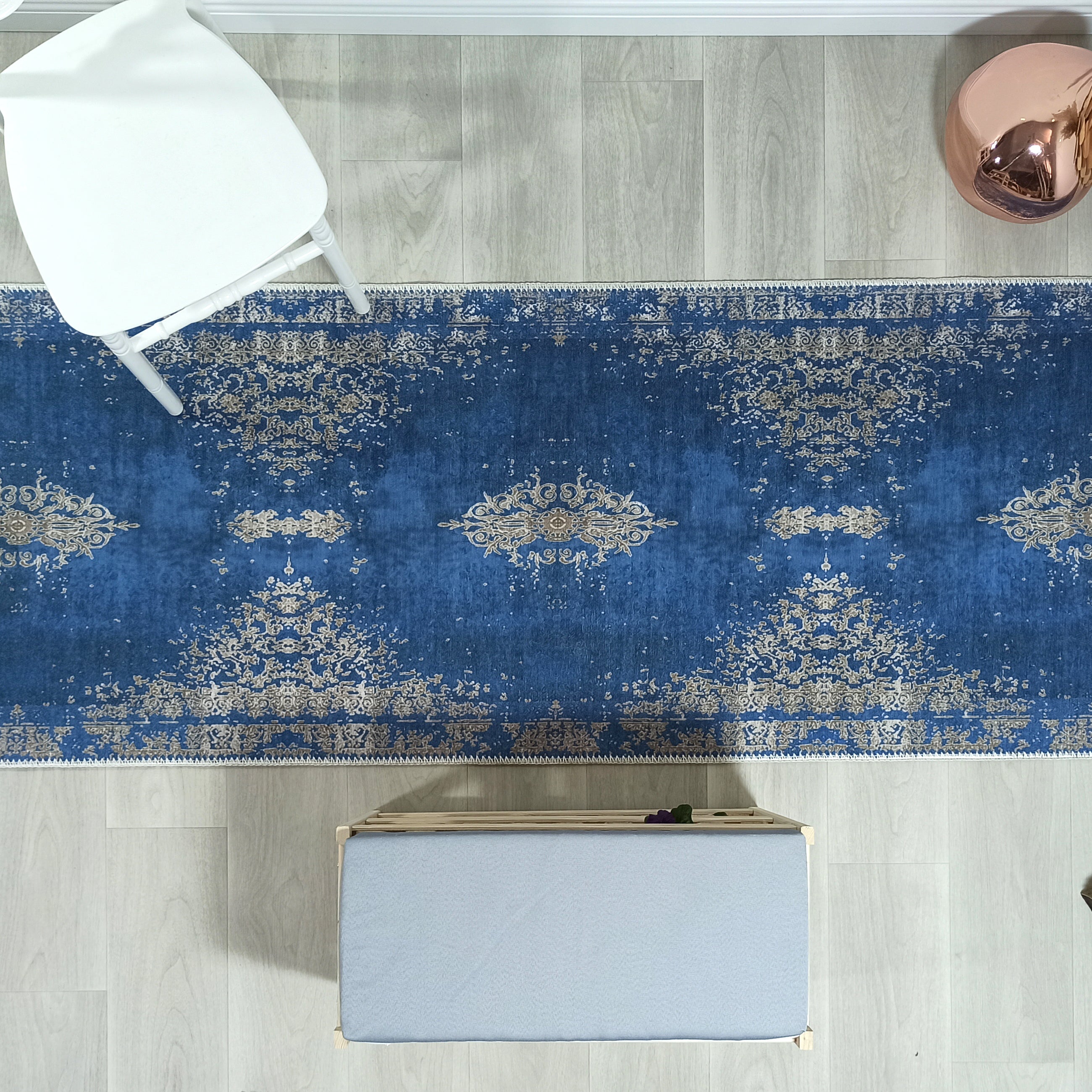 Turkish Light Blue Navy Blue Vintage Rug