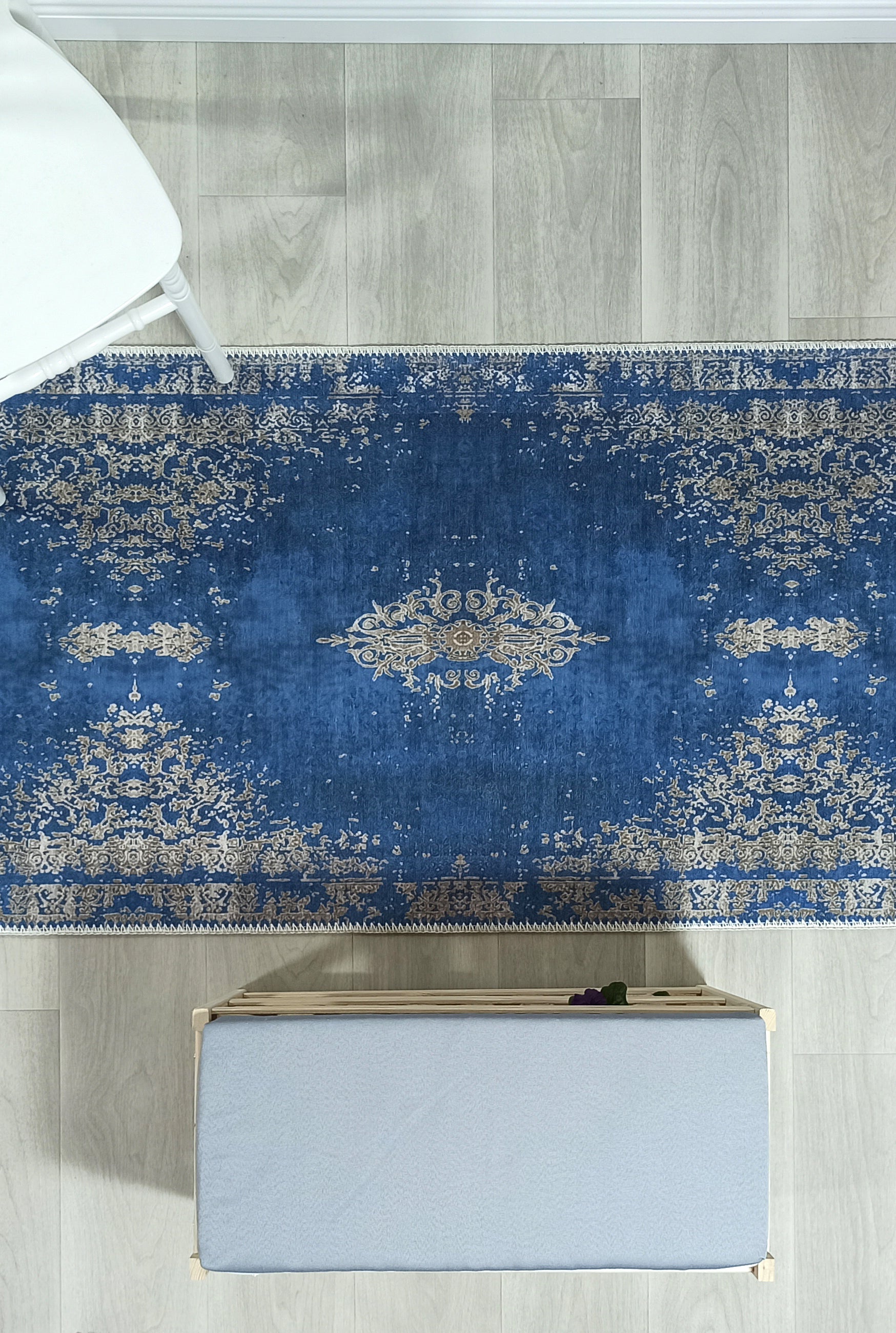 Turkish Light Blue Navy Blue Vintage Rug