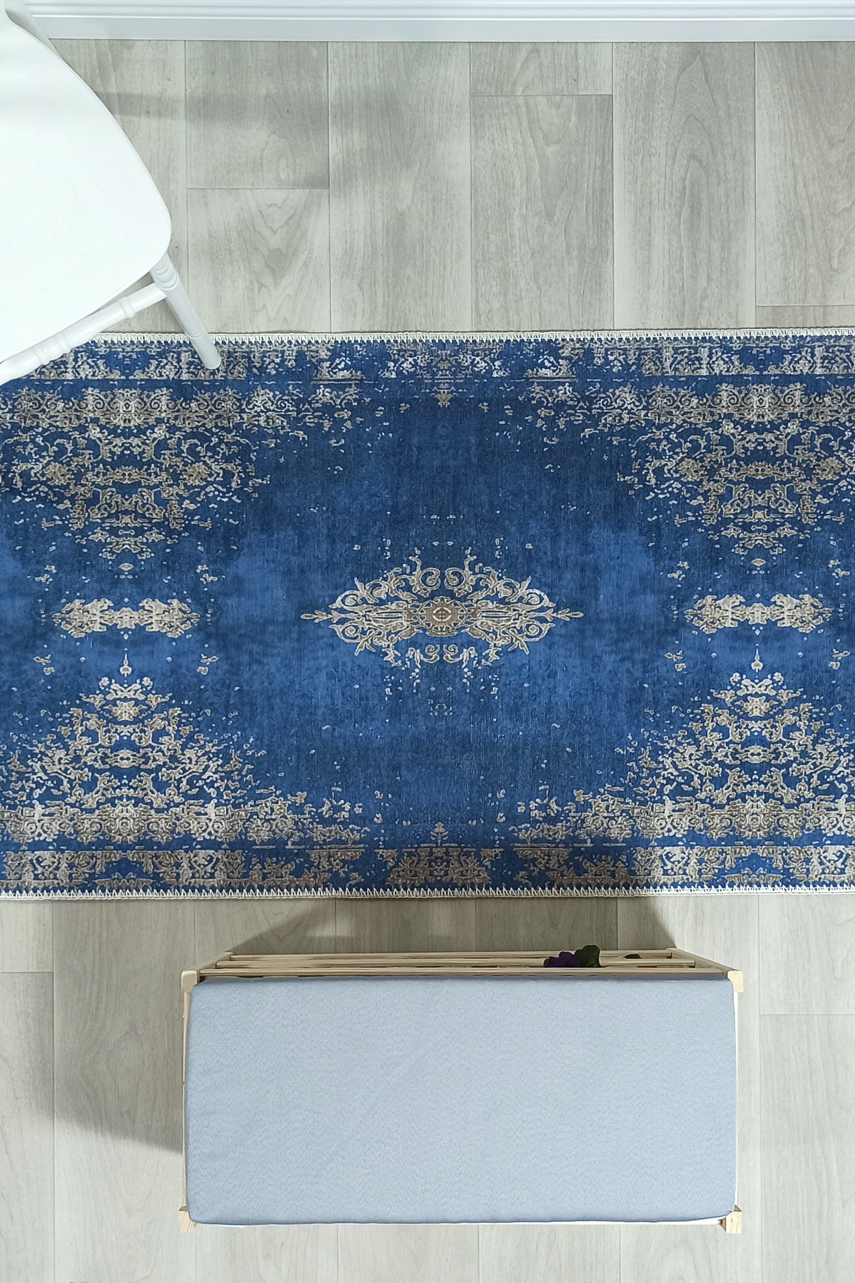 Turkish Light Blue Navy Blue Vintage Rug