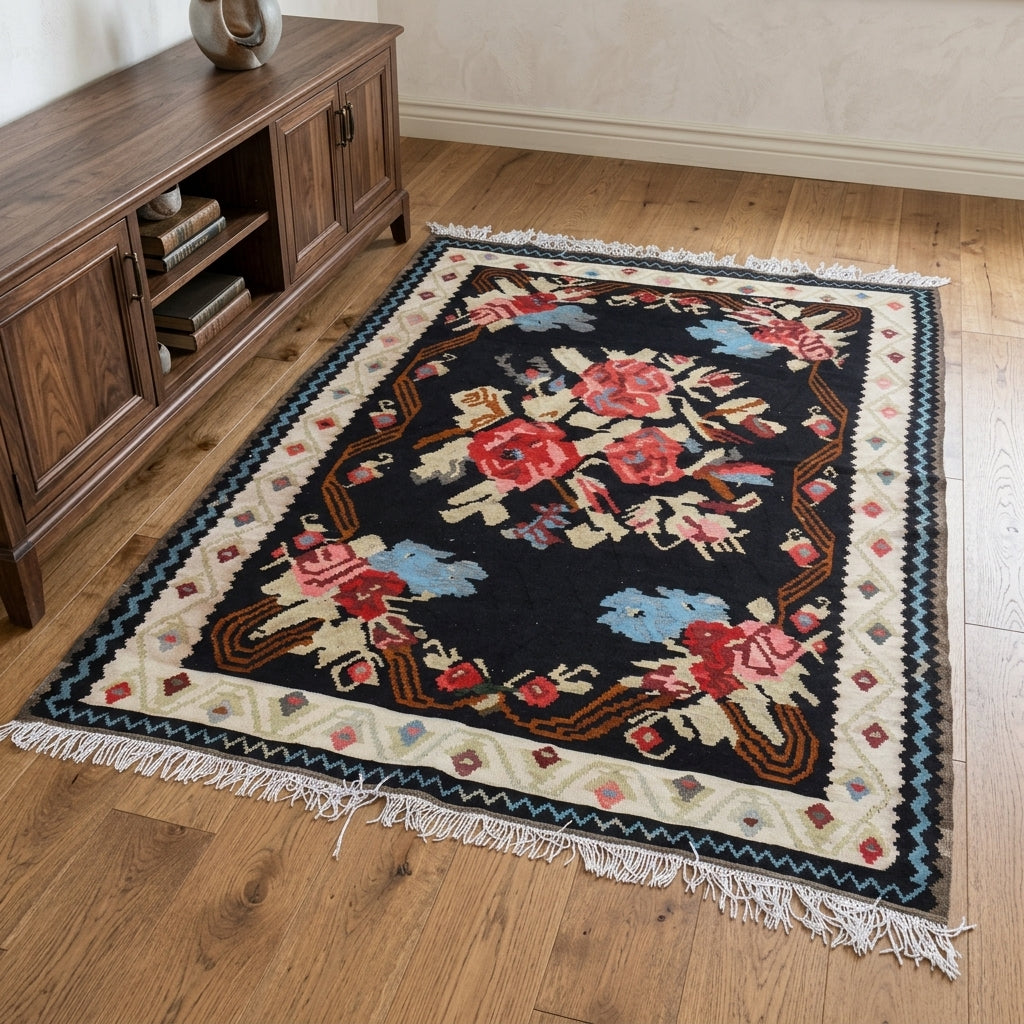 Oriental pattern on the Thalassopetra vintage kilim rug – handwoven flatweave in Anatolia, Turkey