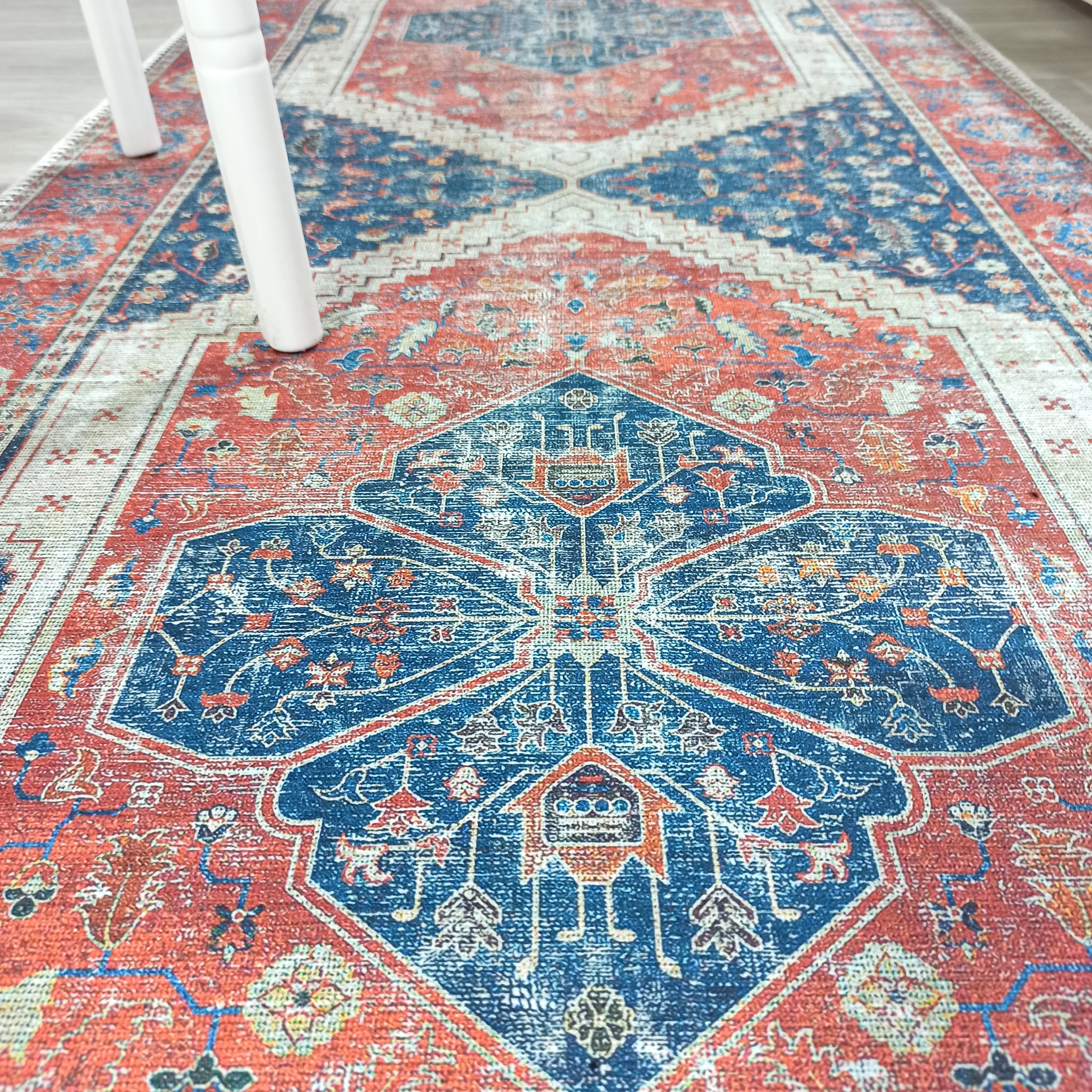 Turkish Vintage Distressed Looks Red Blue Rug