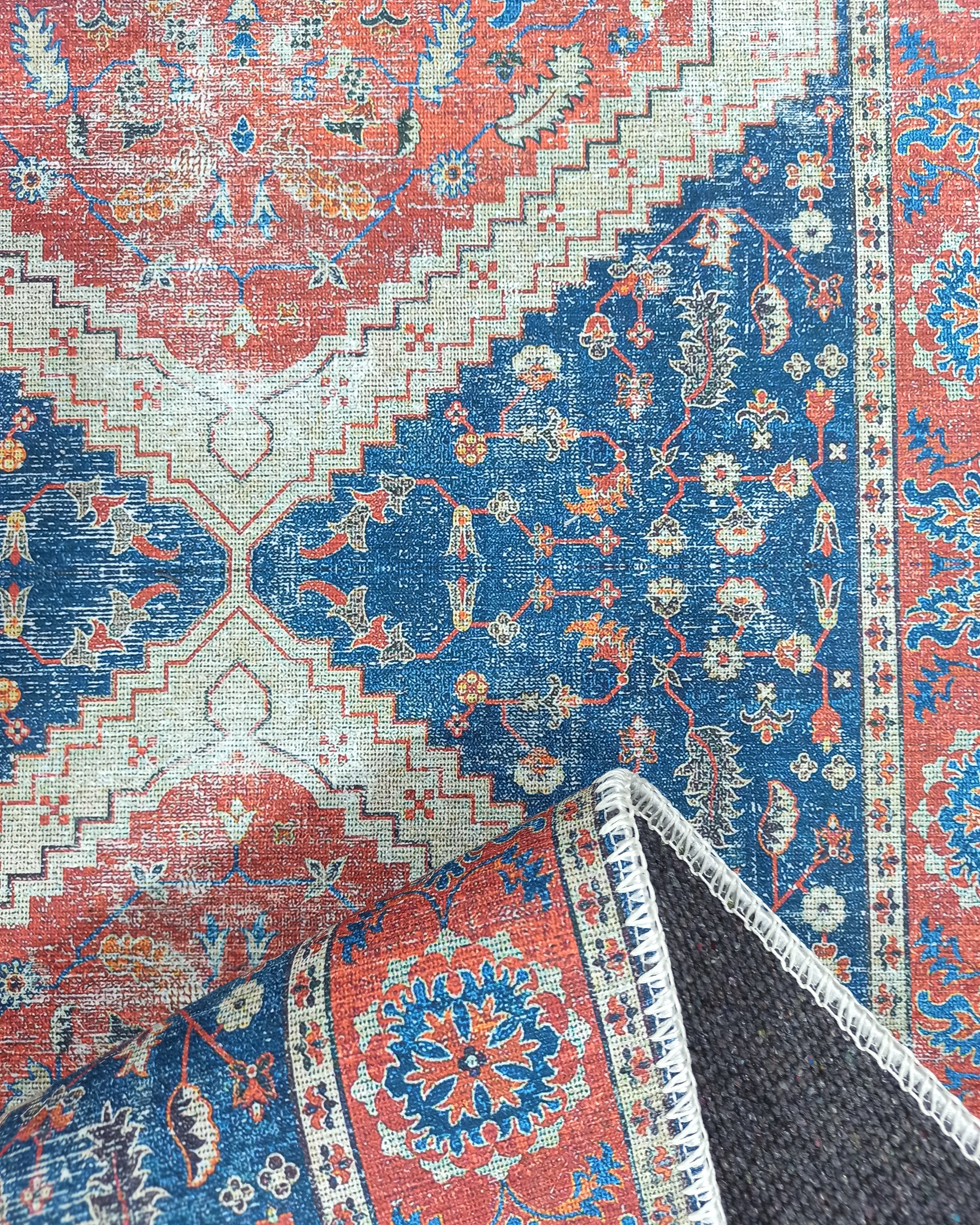 Turkish Vintage Distressed Looks Red Blue Rug