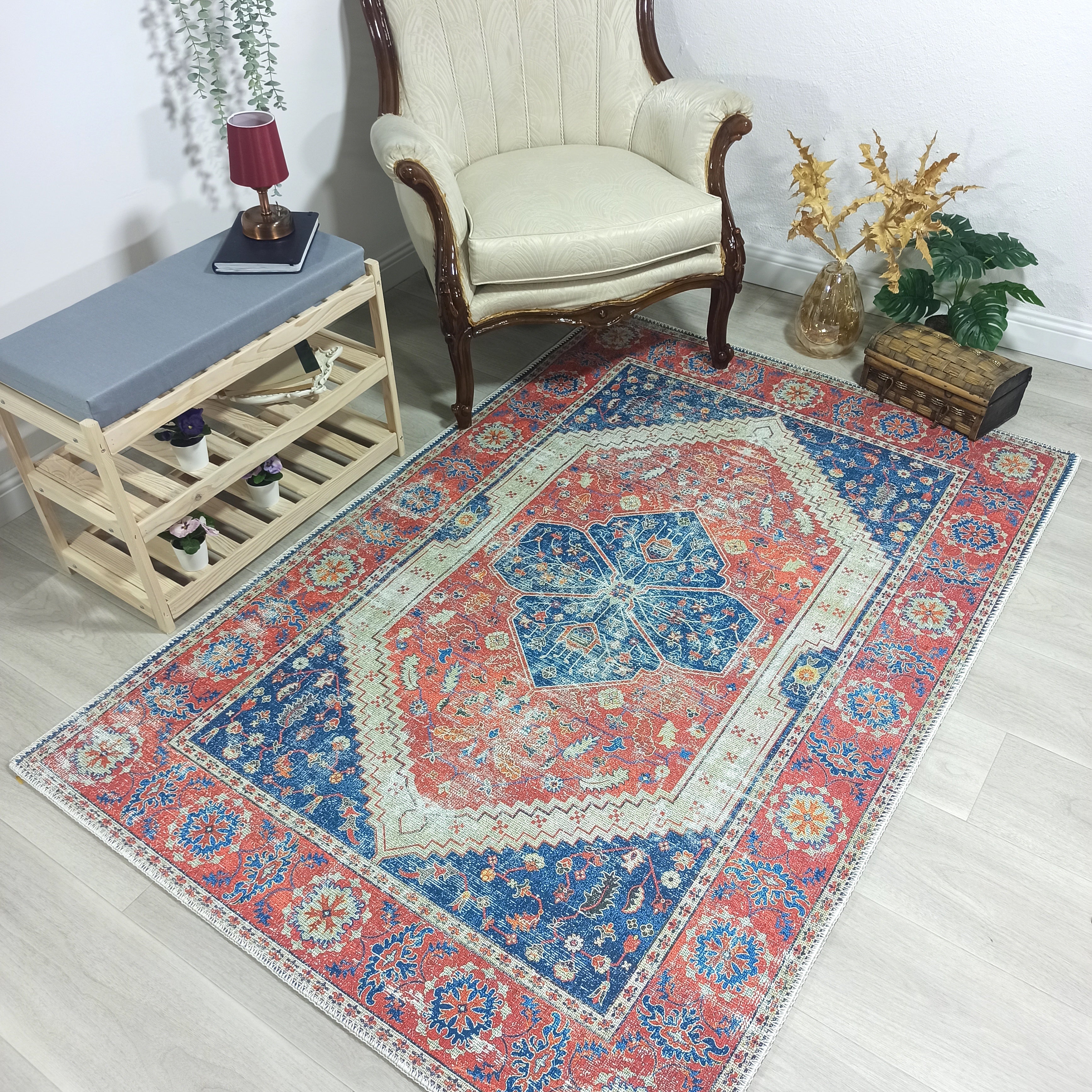 Turkish Vintage Distressed Looks Red Blue Rug