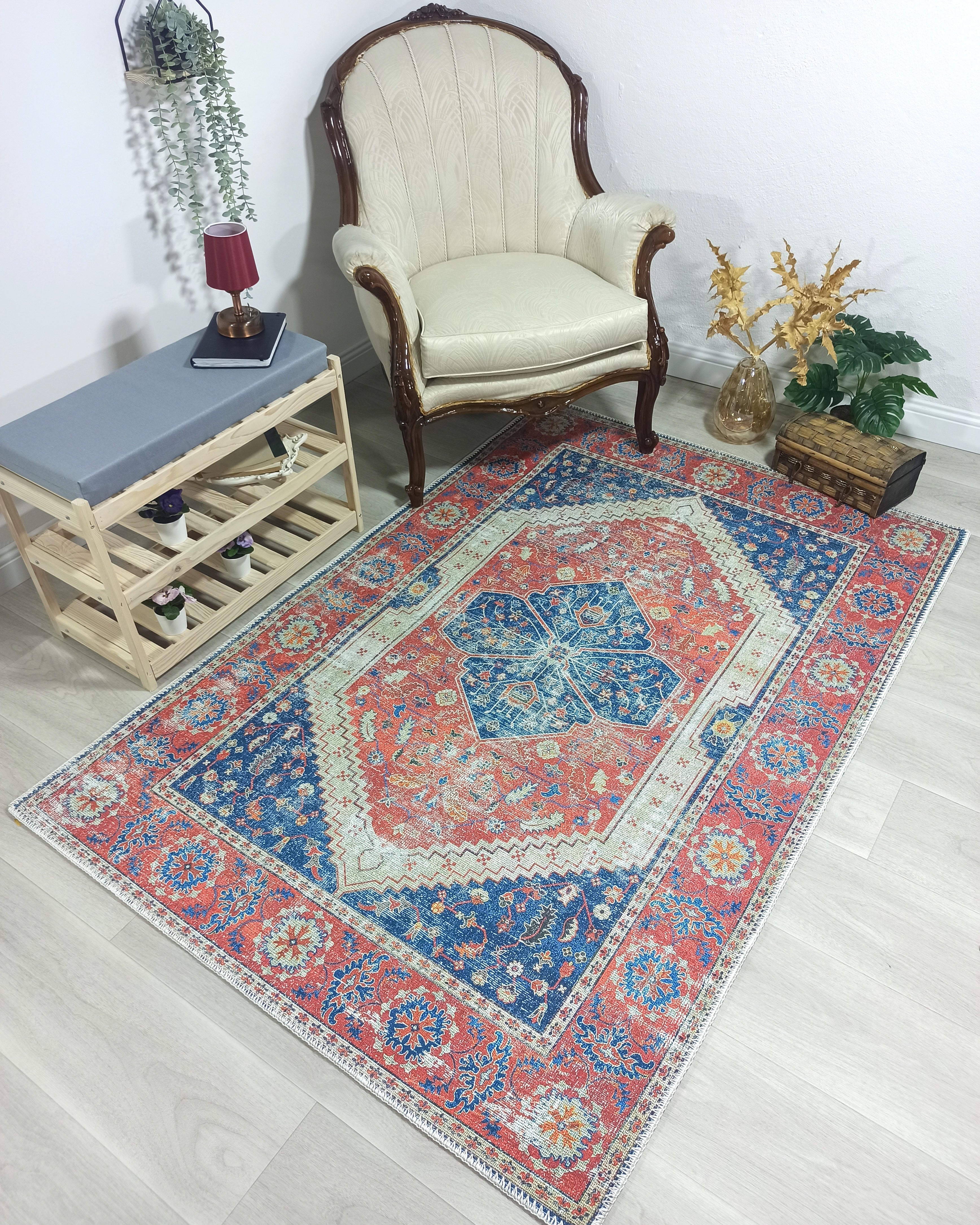Turkish Vintage Distressed Looks Red Blue Rug