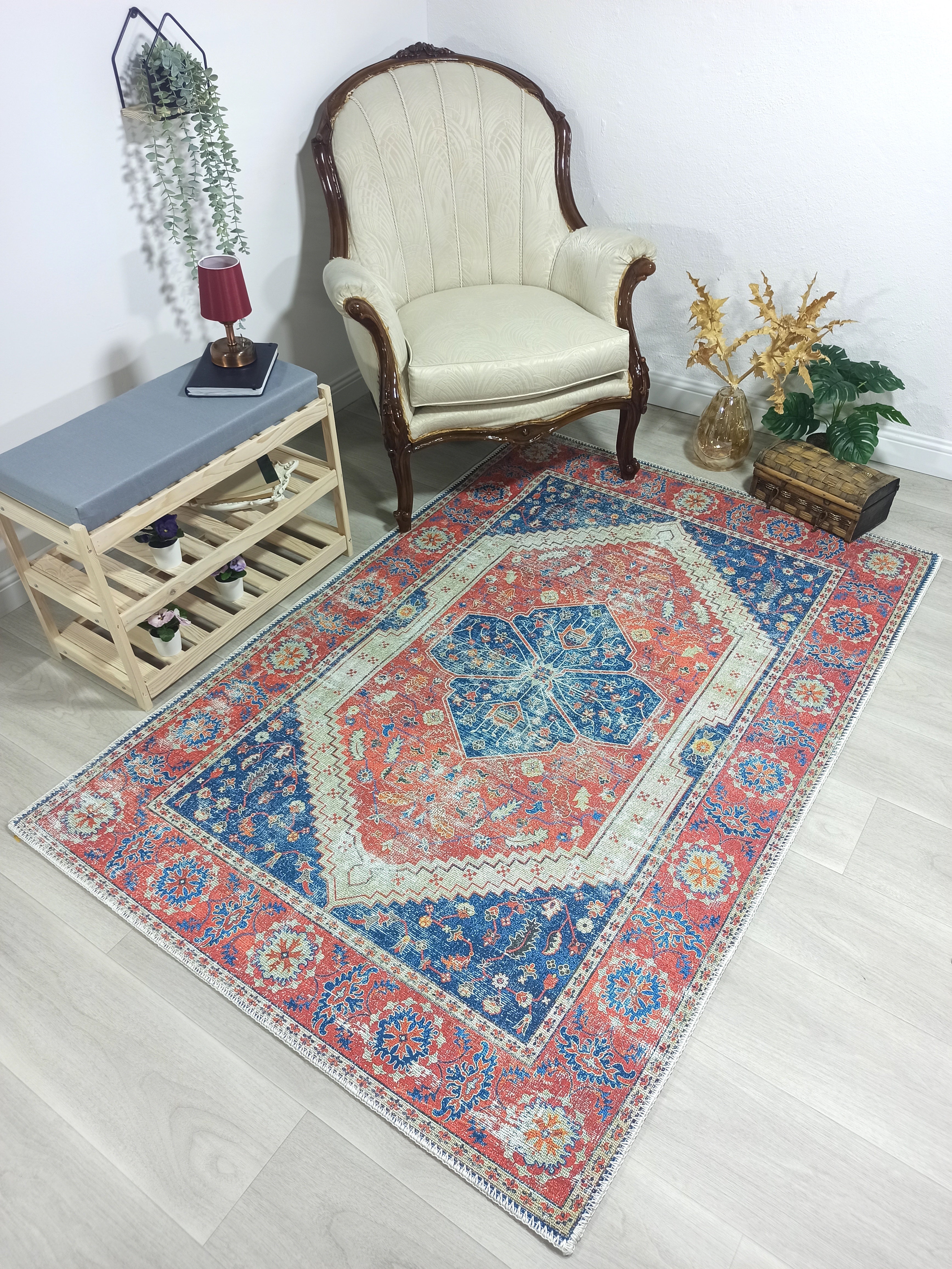 Turkish Vintage Distressed Looks Red Blue Rug