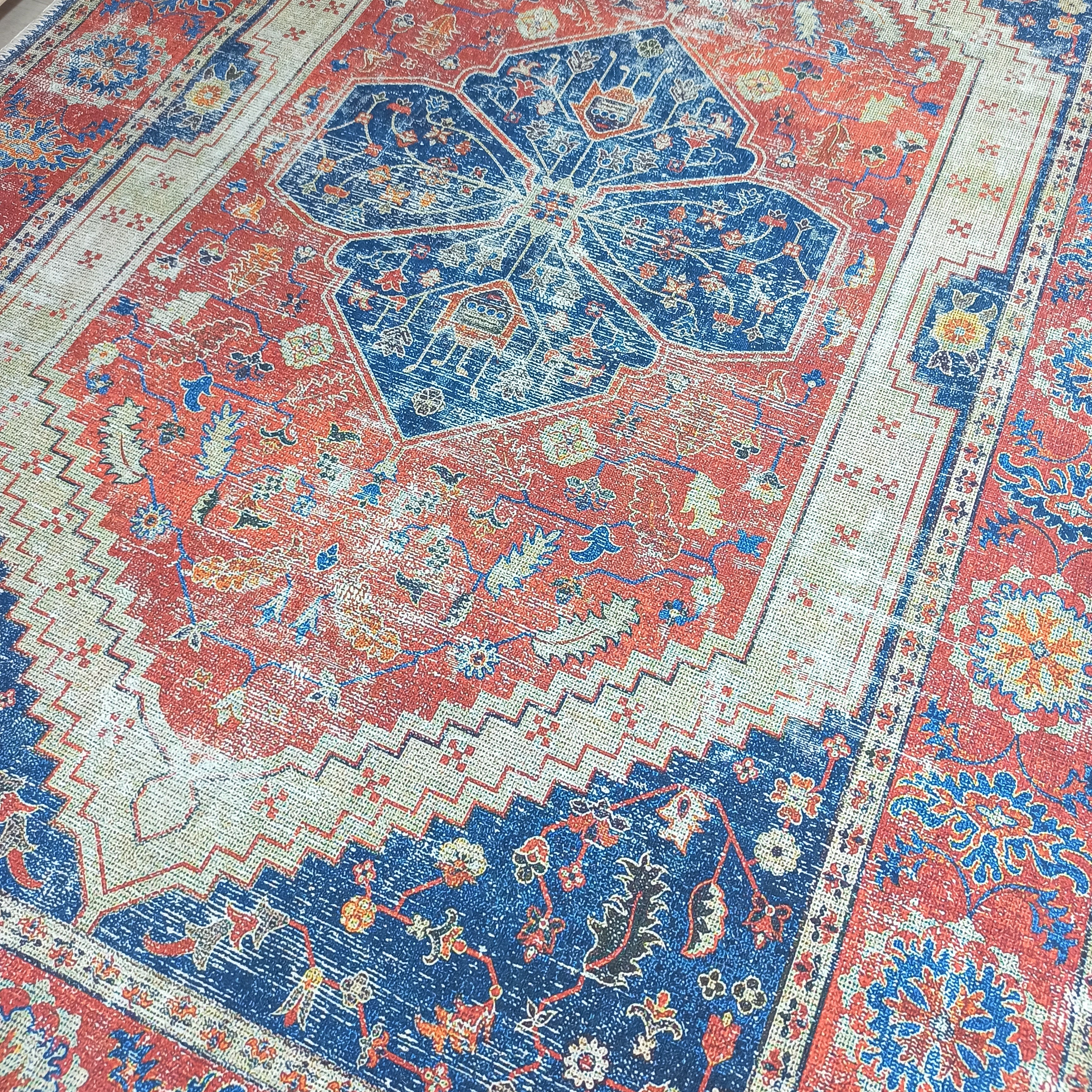 Turkish Vintage Distressed Looks Red Blue Rug