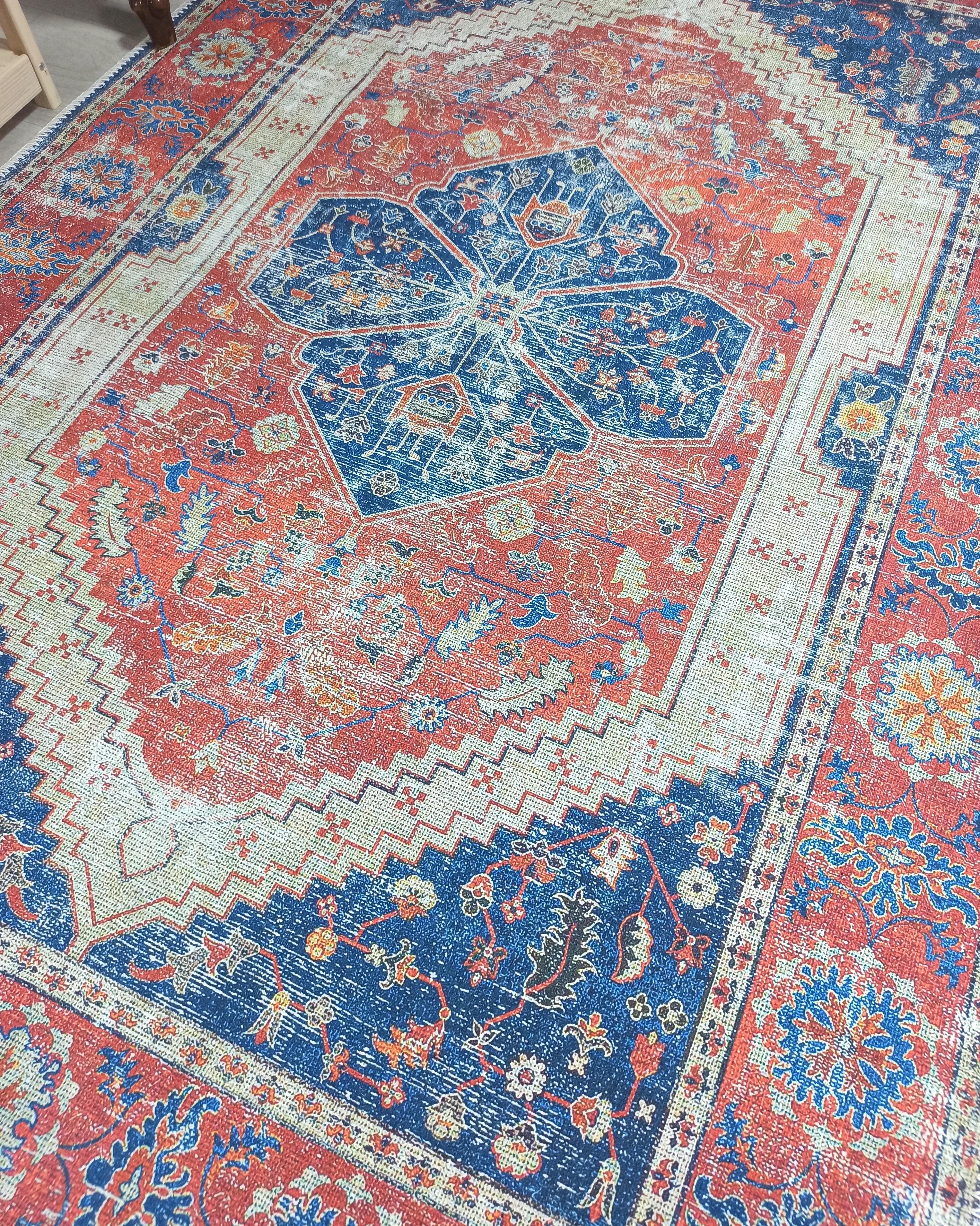 Turkish Vintage Distressed Looks Red Blue Rug