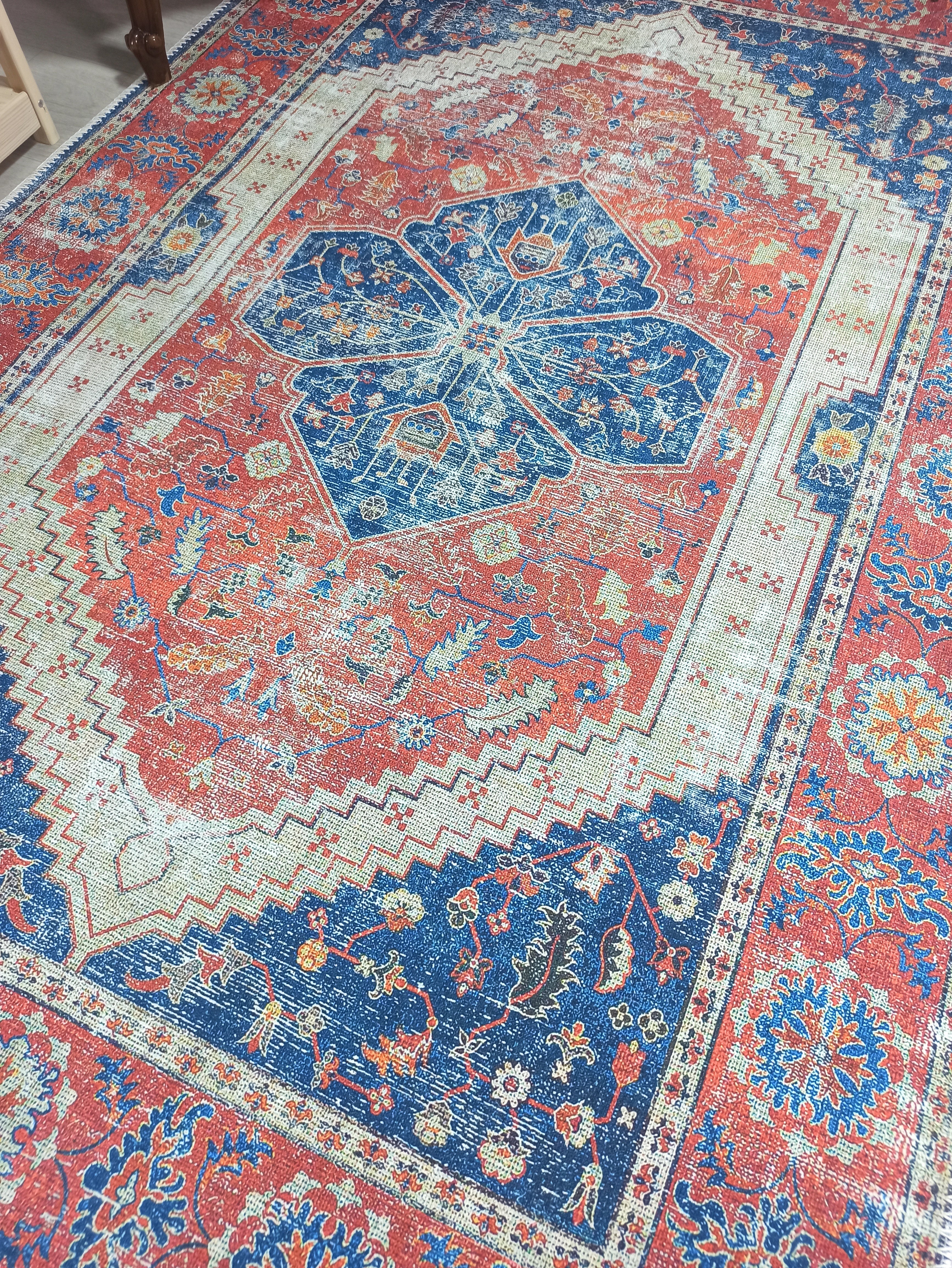Turkish Vintage Distressed Looks Red Blue Rug
