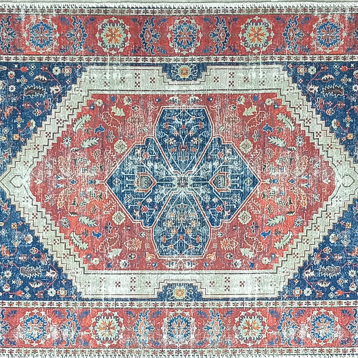 Turkish Vintage Distressed Looks Red Blue Rug