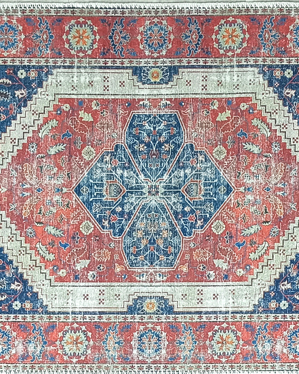 Turkish Vintage Distressed Looks Red Blue Rug