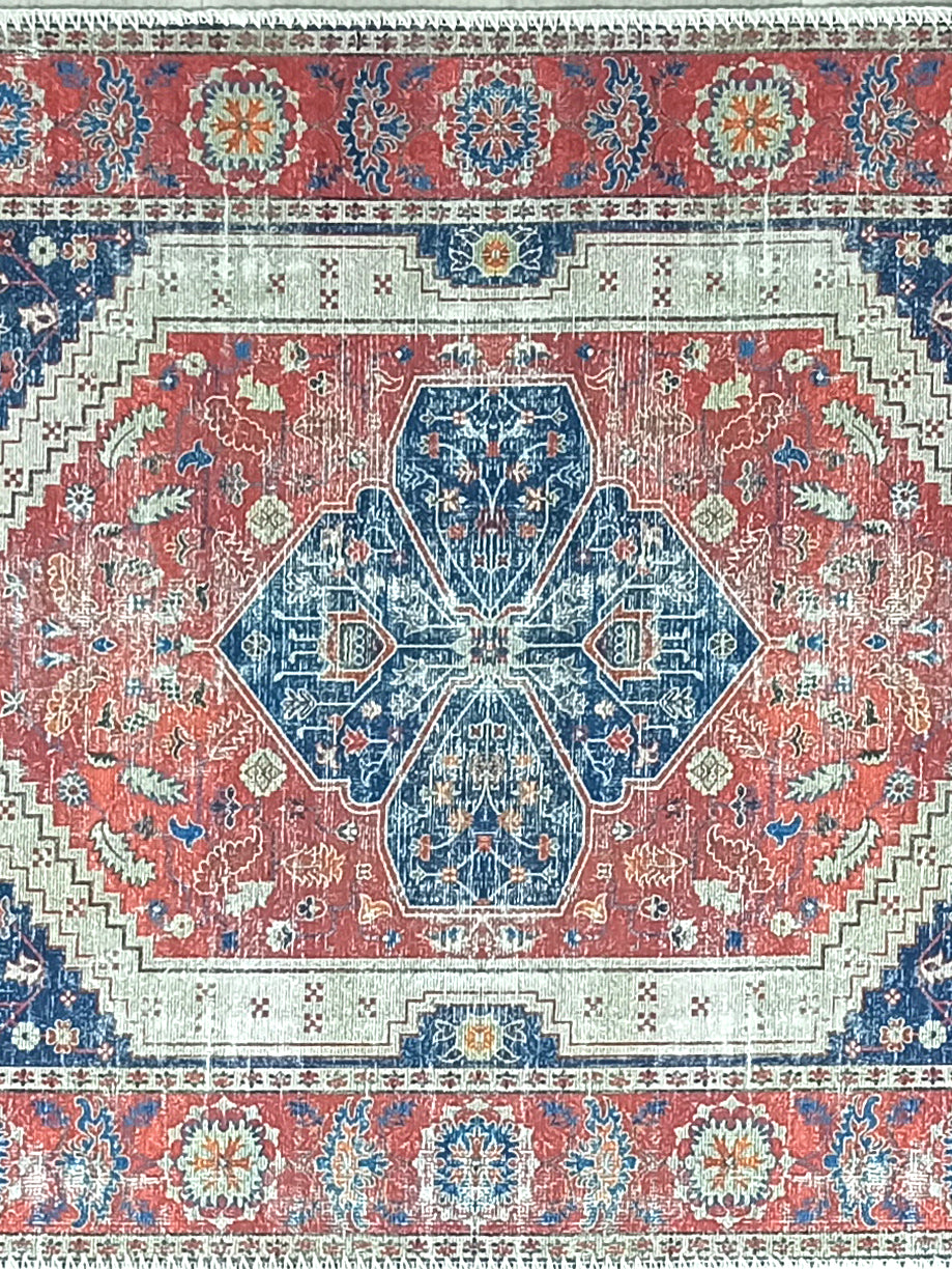 Turkish Vintage Distressed Looks Red Blue Rug