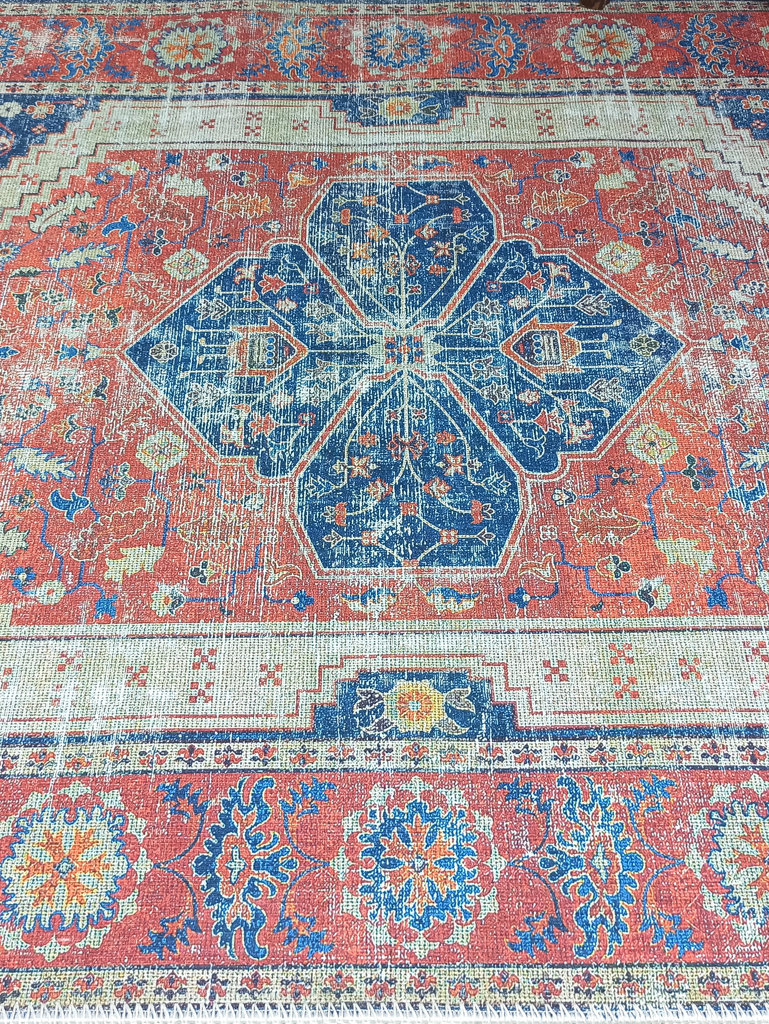 Turkish Vintage Distressed Looks Red Blue Rug