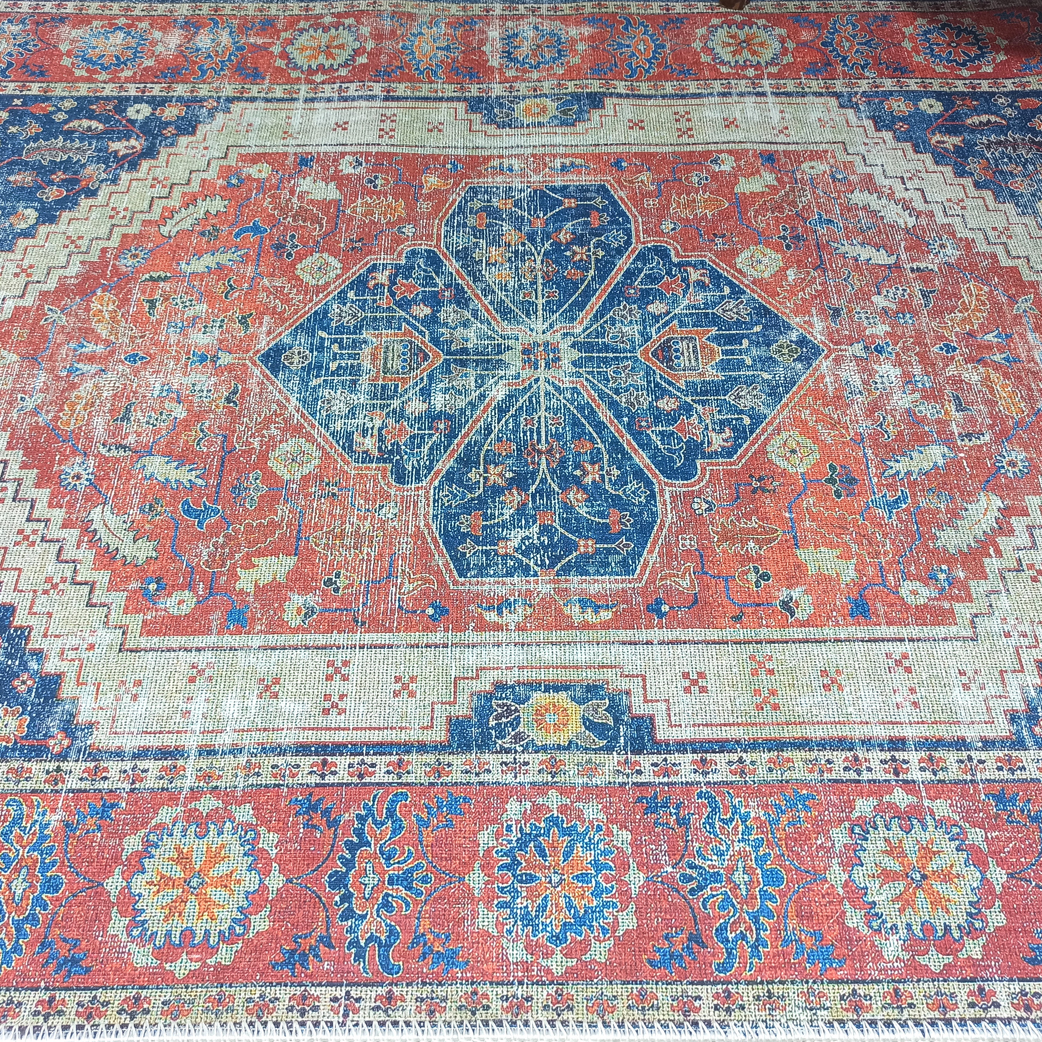 Turkish Vintage Distressed Looks Red Blue Rug