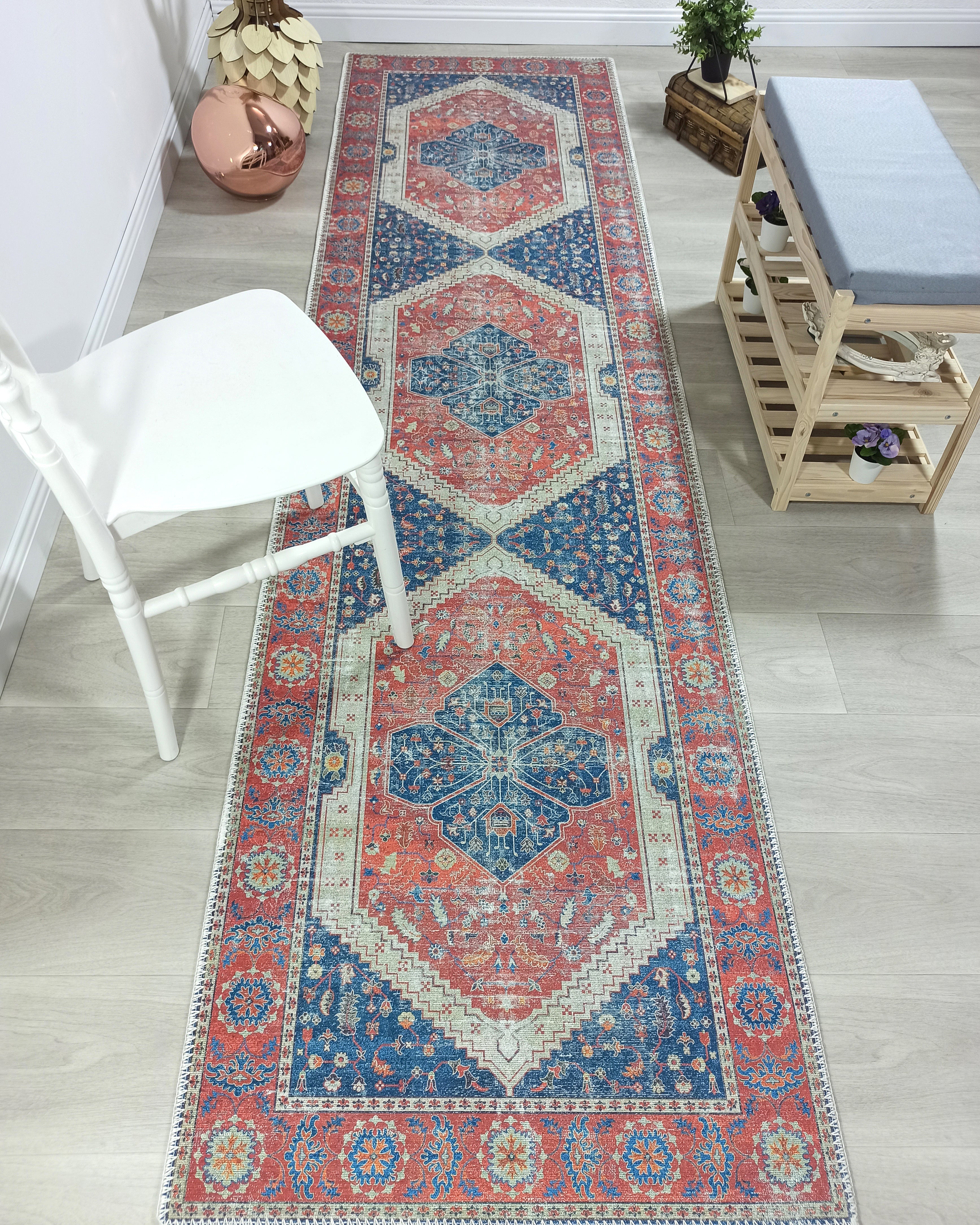 Turkish Vintage Distressed Looks Red Blue Rug