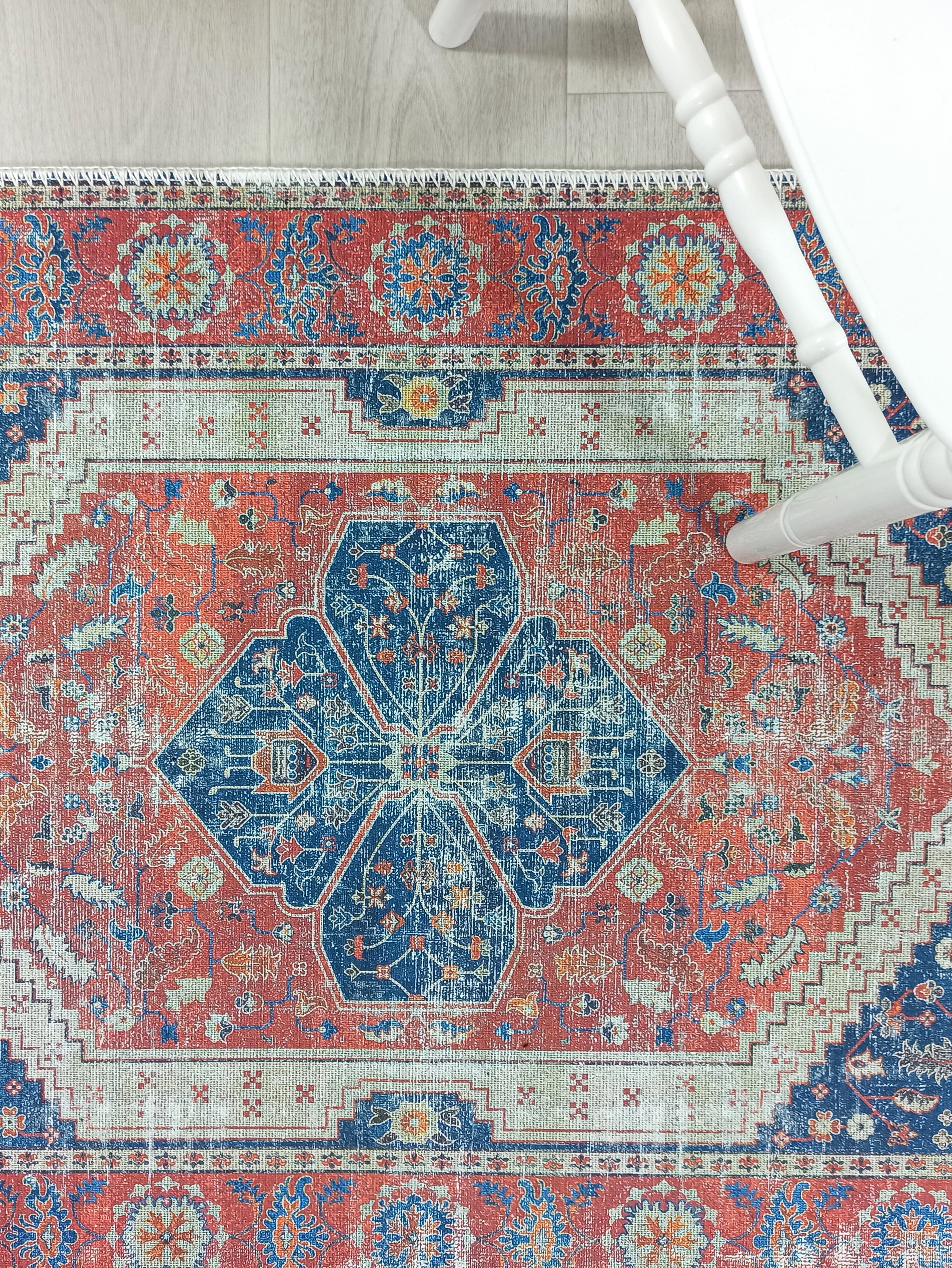 Turkish Vintage Distressed Looks Red Blue Rug