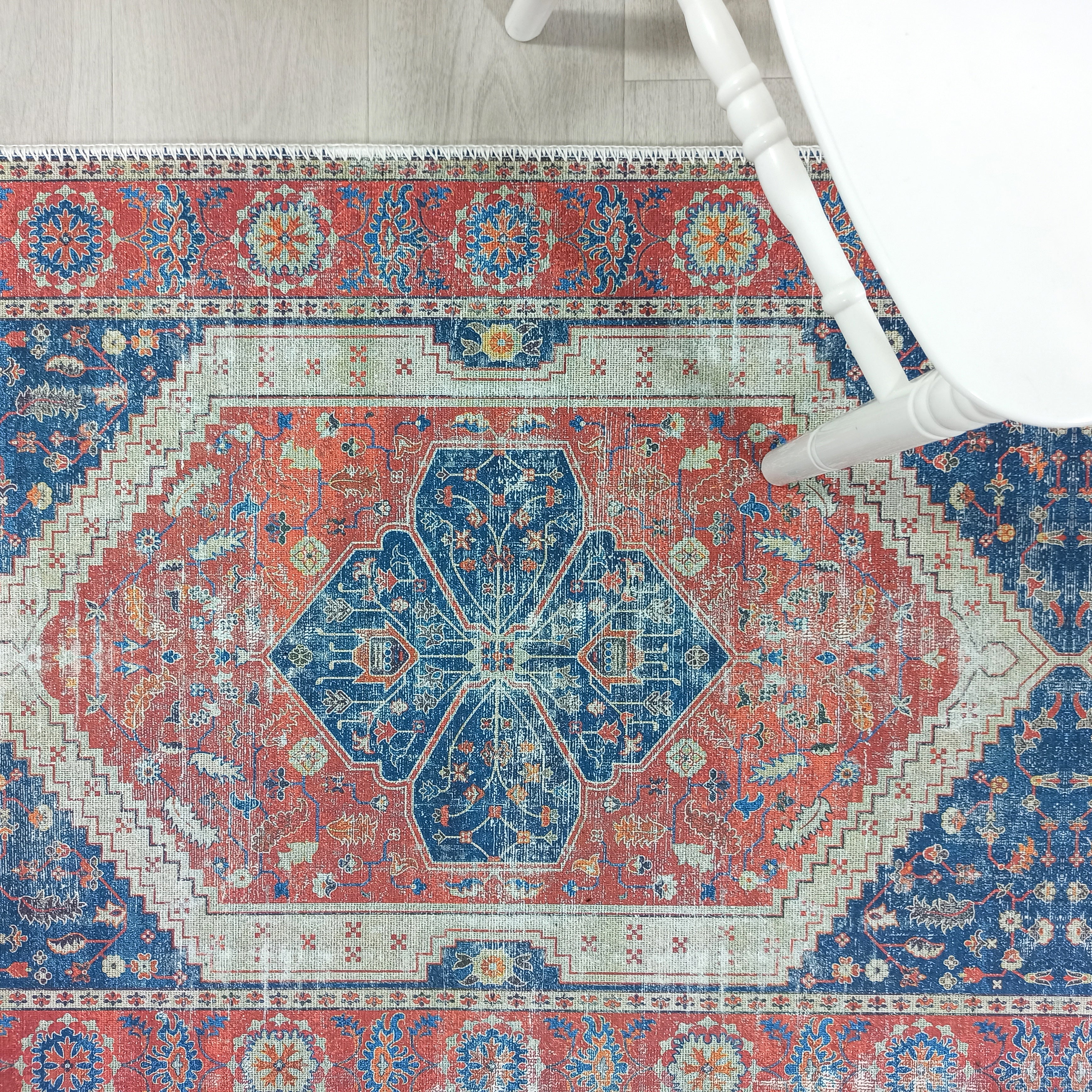 Turkish Vintage Distressed Looks Red Blue Rug