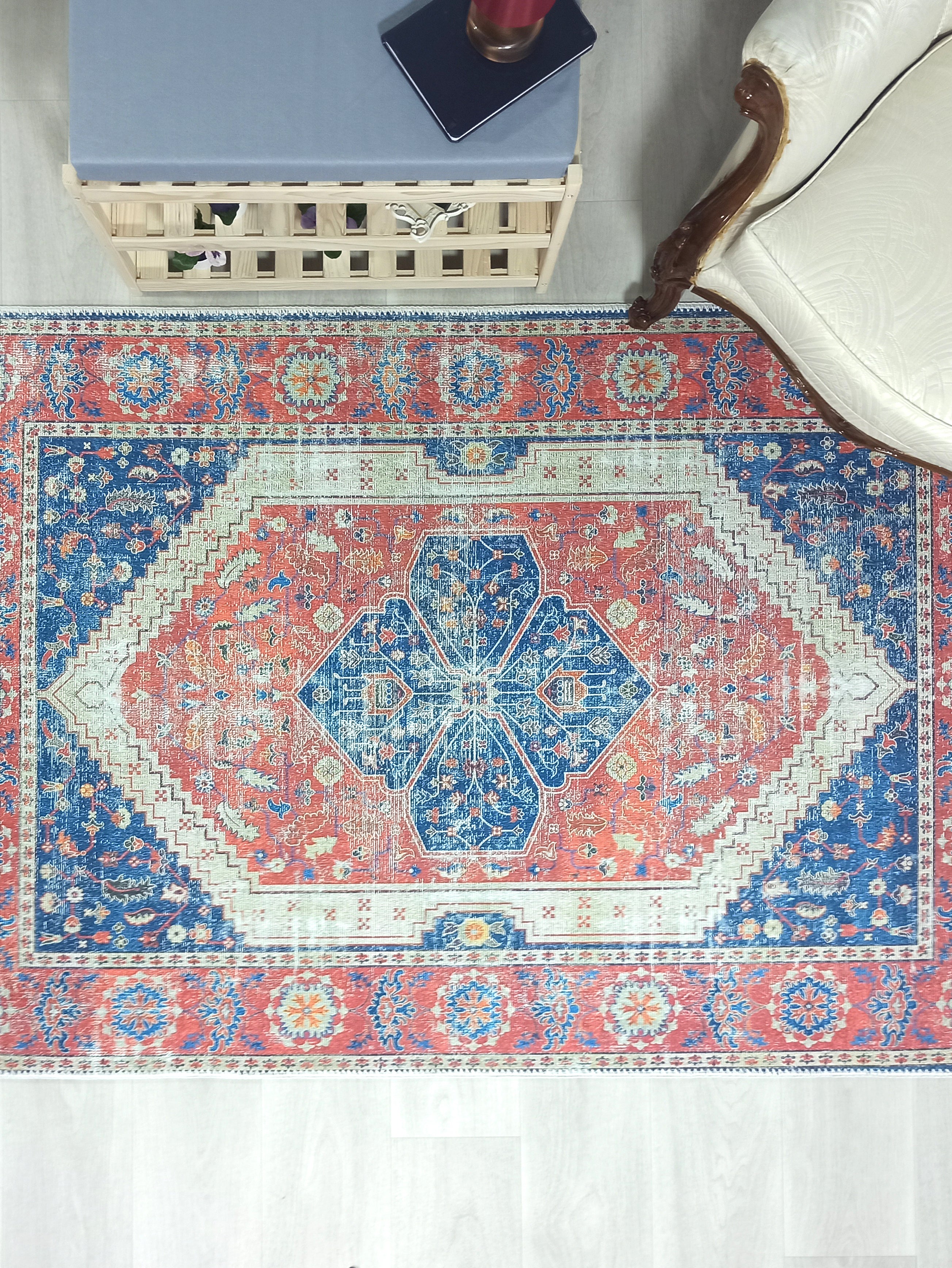 Turkish Vintage Distressed Looks Red Blue Rug