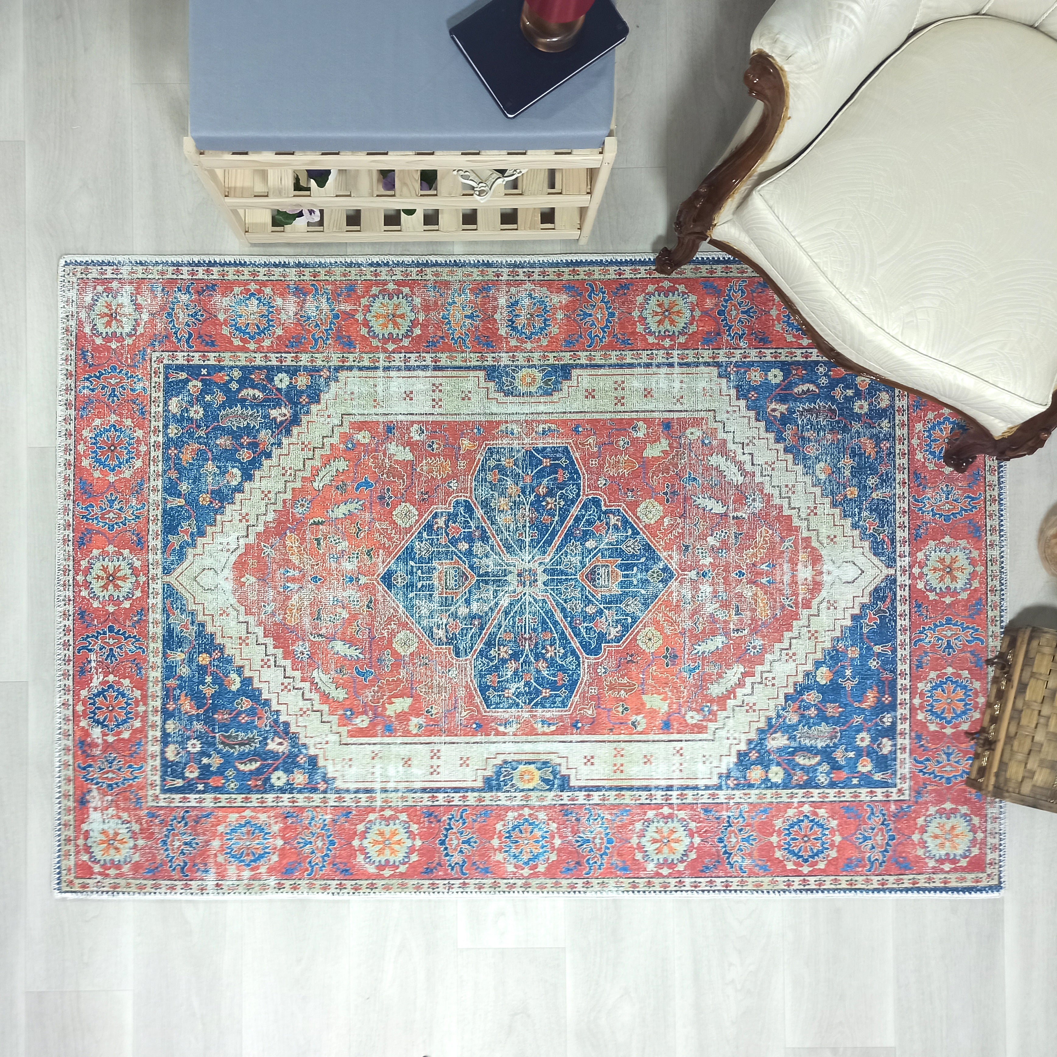 Turkish Vintage Distressed Looks Red Blue Rug