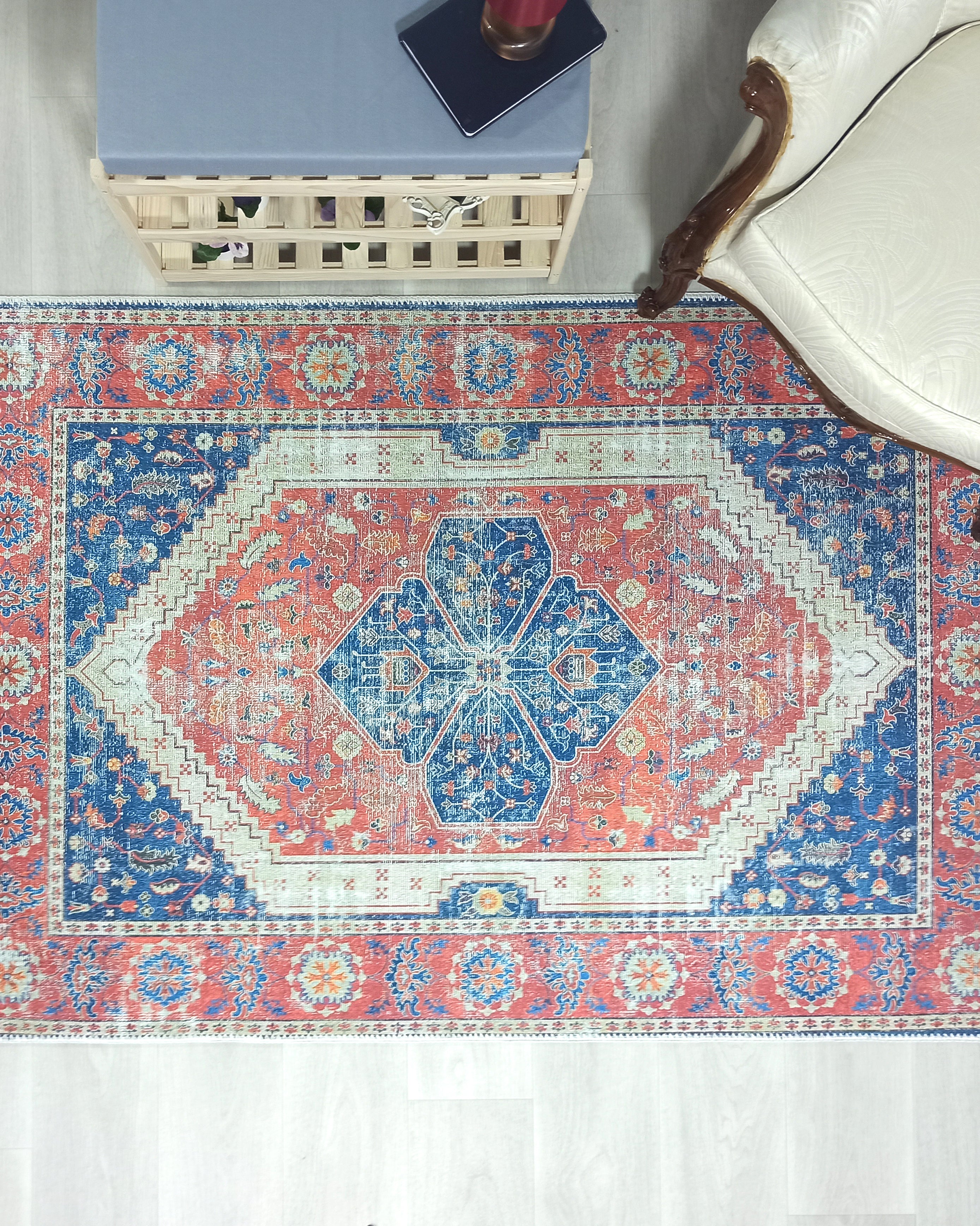 Turkish Vintage Distressed Looks Red Blue Rug