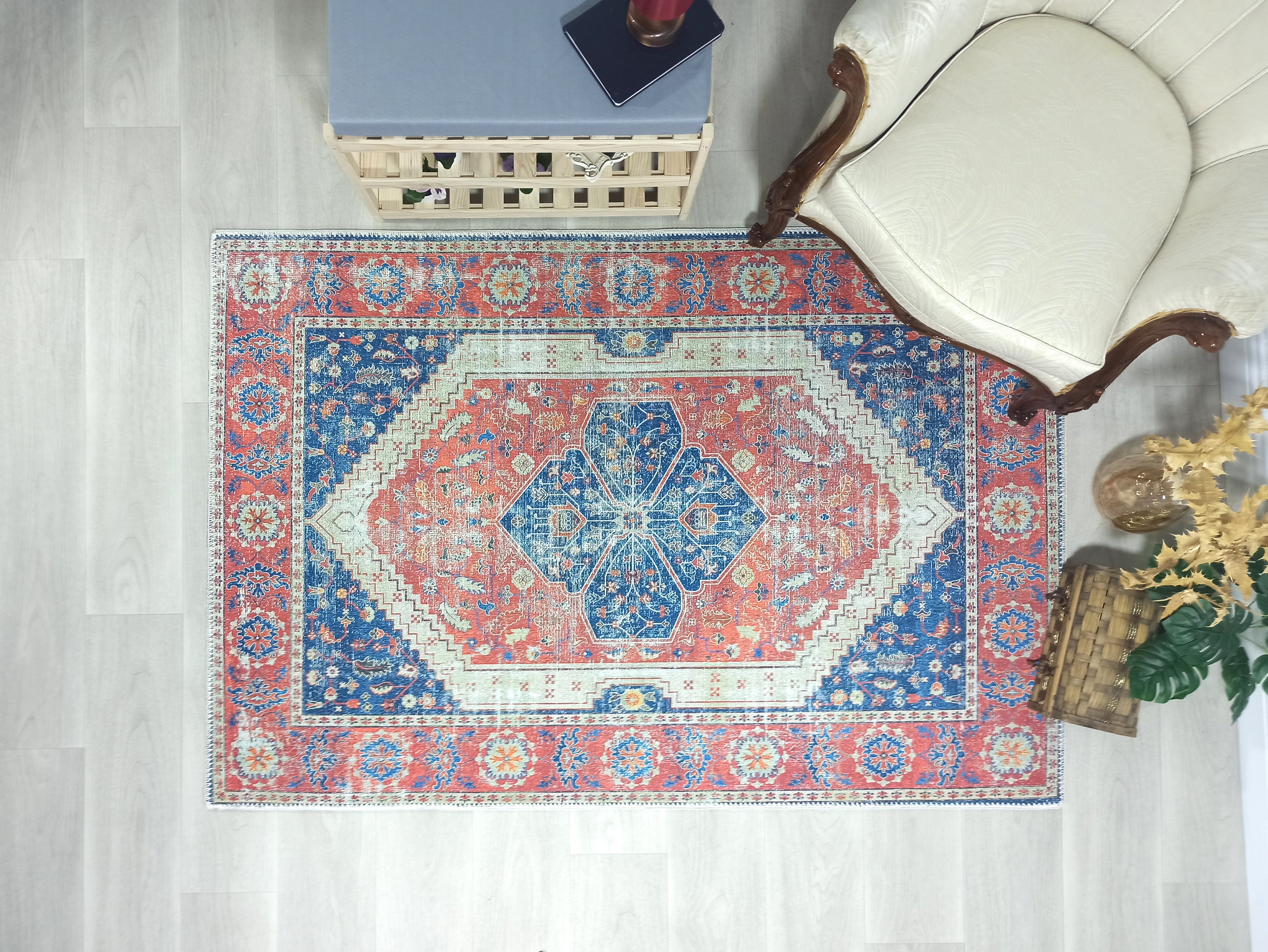 Turkish Vintage Distressed Looks Red Blue Rug