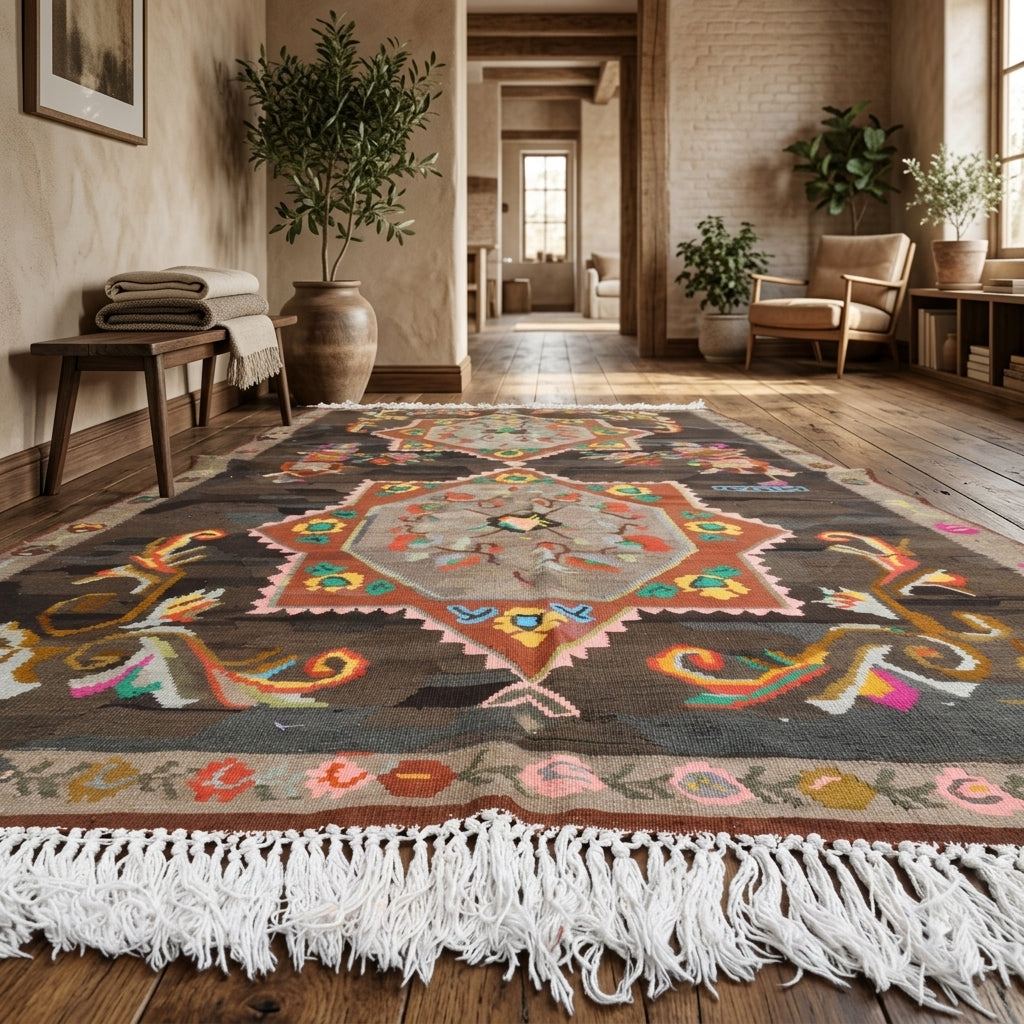Oriental pattern on the Altinperi vintage kilim rug – handwoven flatweave in Anatolia, Turkey