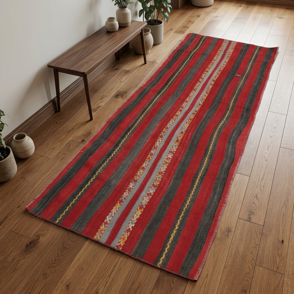 Oriental pattern on the Serinperi vintage kilim runner rug – handwoven flatweave in Anatolia, Turkey