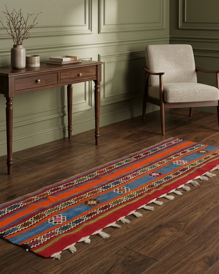 Oriental pattern on the Selviter vintage kilim runner rug – handwoven flatweave in Anatolia, Turkey