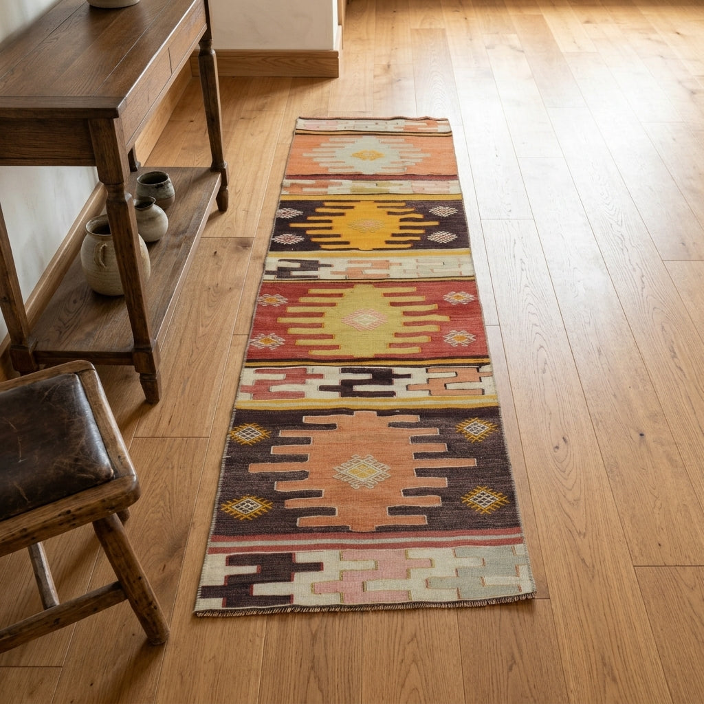 Oriental pattern on the Polyphone vintage kilim runner rug – handwoven flatweave in Anatolia, Turkey