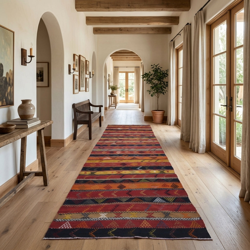Striped pattern on the Kirazpare vintage kilim runner rug – handwoven flatweave in Anatolia, Turkey