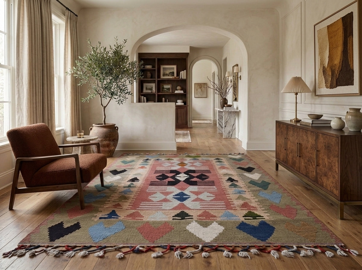 Striped pattern on the Zenophyllis vintage kilim rug – handwoven flatweave in Anatolia, Turkey