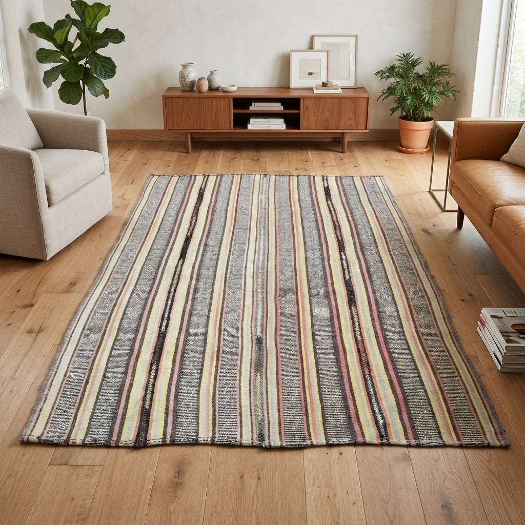 Striped pattern on the Porphyrorhoe vintage kilim rug – handwoven flatweave in Anatolia, Turkey