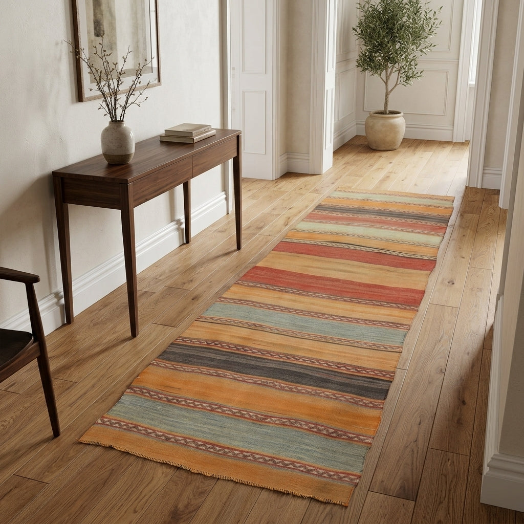 Oriental pattern on the Meltemgonca vintage kilim runner rug – handwoven flatweave in Anatolia, Turkey